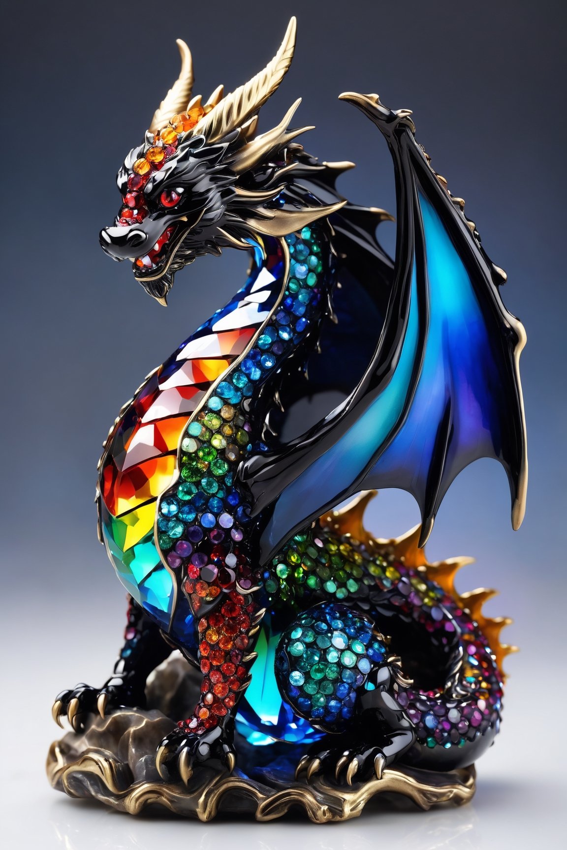 (best quality,8K,highres,masterpiece), ultra-detailed, (super colorful, glass, rhinestone, crystal dragon), featuring a breathtaking baby dragon sculpted entirely from glistening glass, radiant rhinestones, and sparkling crystal elements. This whimsical dragon, with a beaming smile, sits majestically upon a dazzling white background that accentuates its radiant and translucent form. Its tail, full body, and magnificent wings are composed of a vibrant array of prismatic colors, refracting light in a mesmerizing display of brilliance. Its eyes, like black gemstones, add depth and contrast to its ethereal beauty. This dragon, reminiscent of a creature from the world of Pokémon, is a harmonious fusion of materials and colors, creating a stunning masterpiece of art and fantasy.