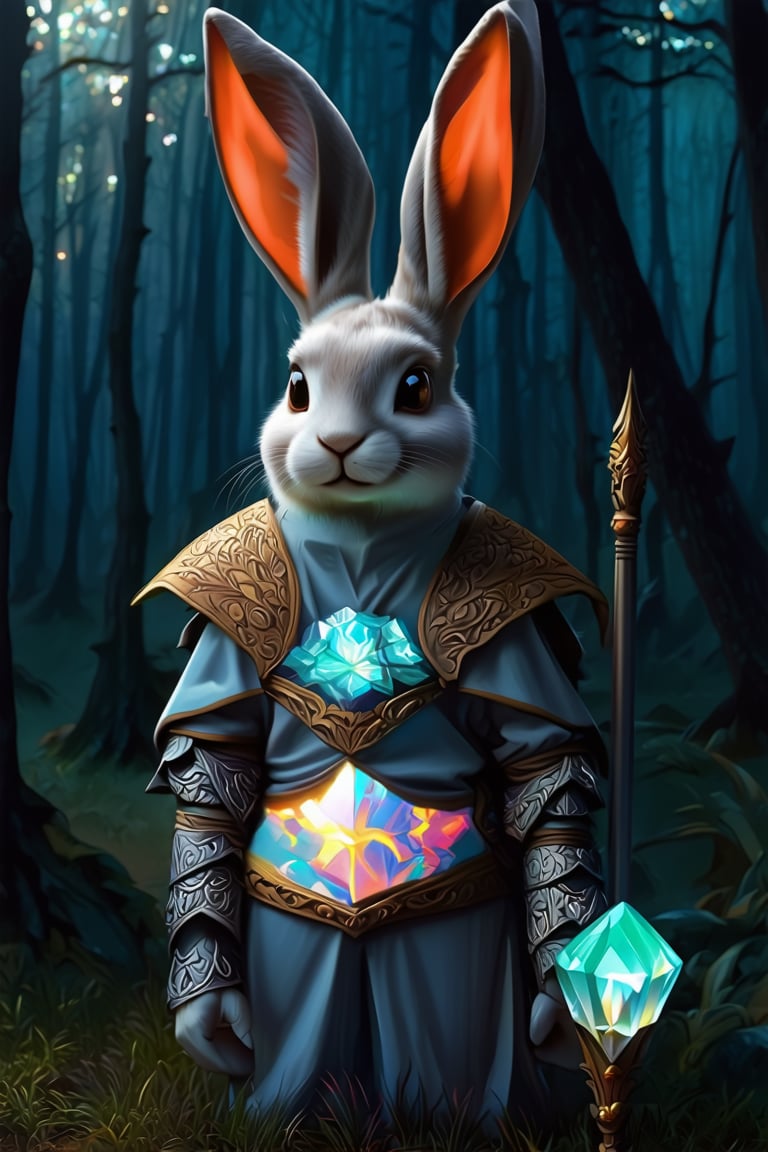 best quality, 4K, 8K, high-resolution, masterpiece, ultra-detailed, photorealistic,  an image of a rabbit dressed as an elf holding a crystal in front of a dark, forested background, looking at viewer, holding, animal ears, rabbit ears, armor, no humans, gem, furry, staff, rabbit