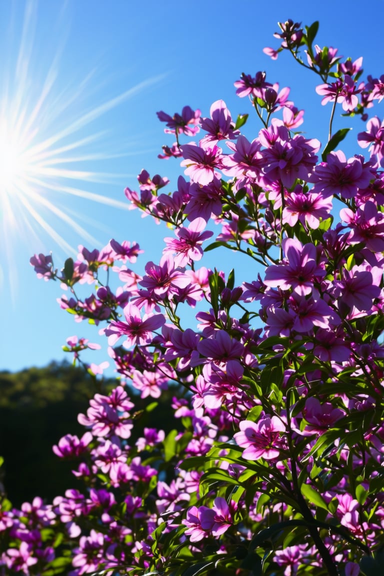 best quality, 4K, 8K, high-resolution, masterpiece, ultra-detailed, photorealistic,  purple and white flowers are blooming on a tree in front of a blue sky with the sun in the background, flower, outdoors, blurry, no humans, blurry background, depth of field, leaf, white flower, sunlight, plant, scenery, nature, purple flower, still life