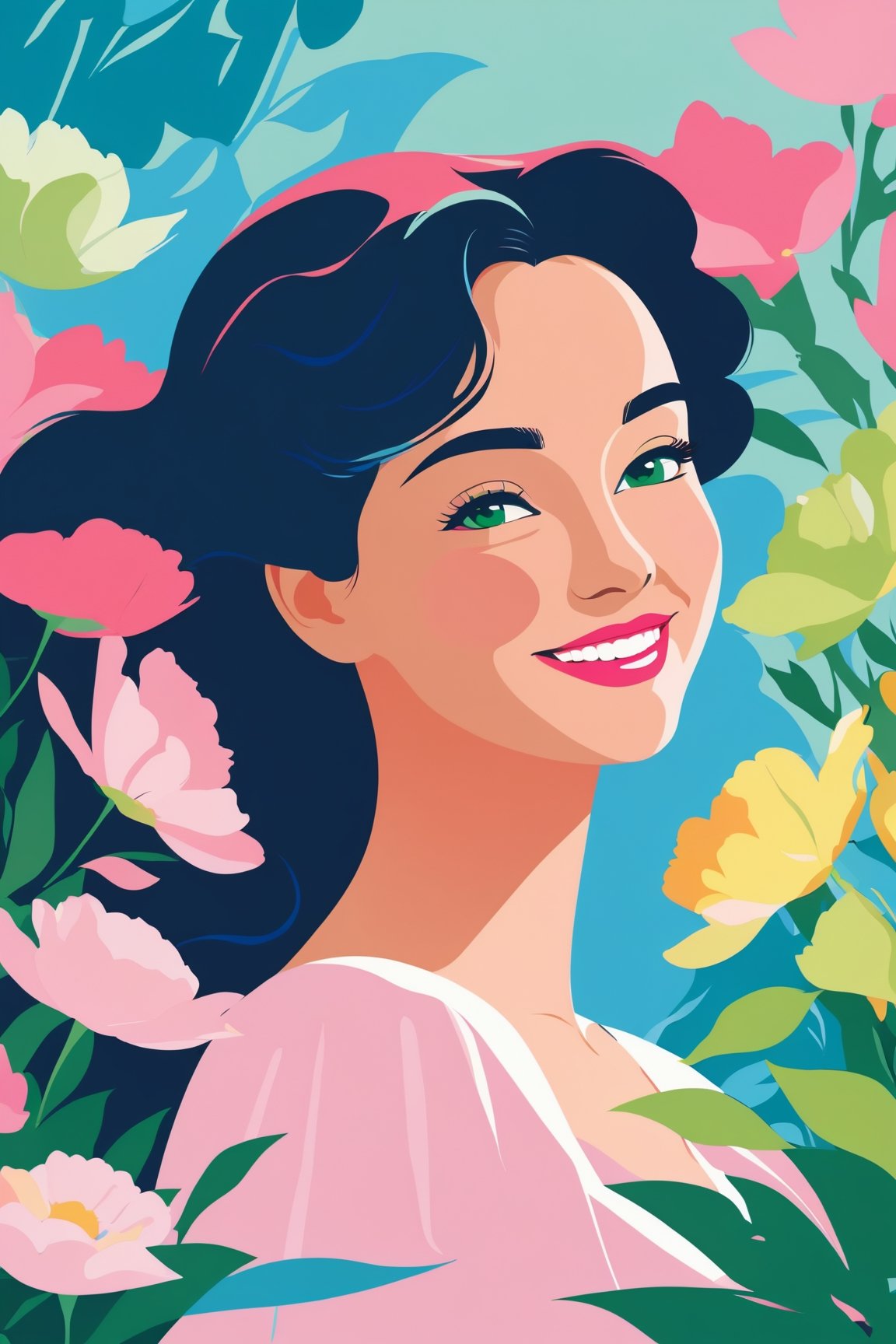 shadow flat vector art, masterpiece, 8k, highest quality, woman wearing qingfashion, portrait, sweet smile, spring flowers, blue green and pink