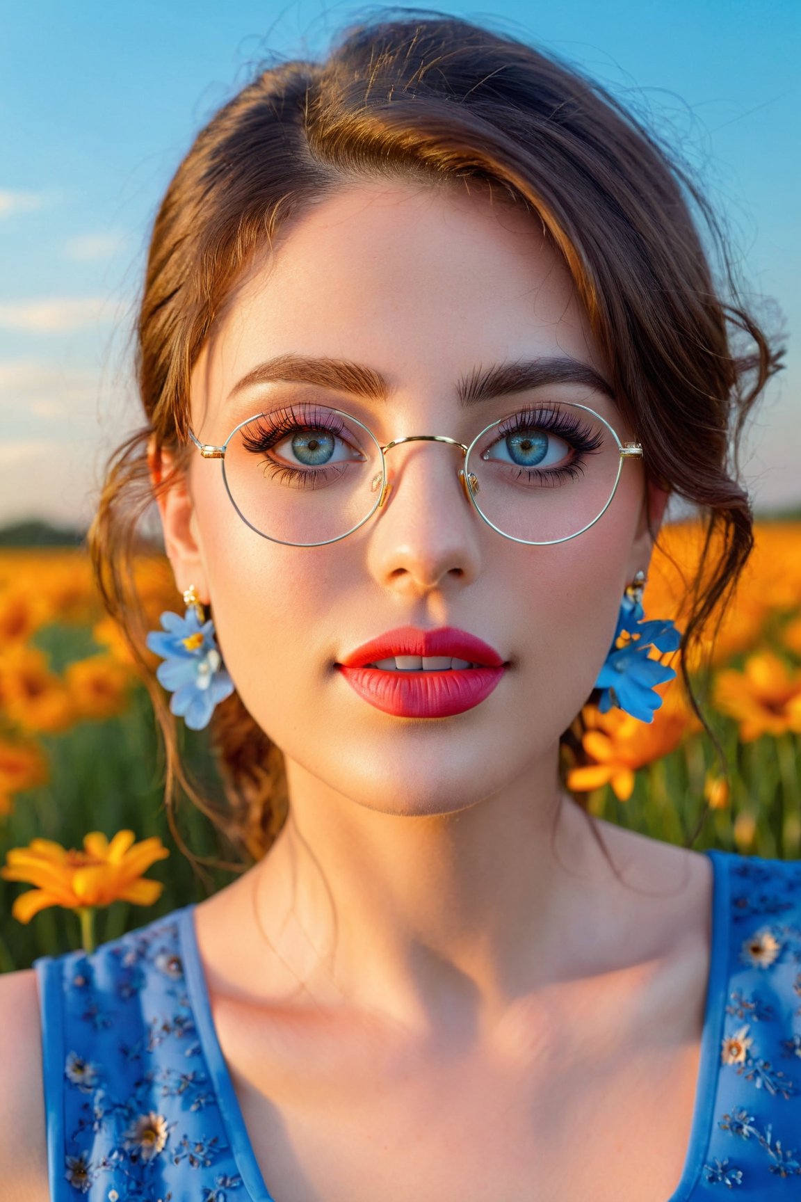 (best quality,highres,masterpiece:1.2),ultra-detailed,(realistic,photorealistic,photo-realistic:1.37),1girl,intricate eyes,longeyelashes,beautiful detailed eyes,beautiful detailed lips,blue dress,happy,freckles,hair flower,earrings,glasses,flower field,blue sky,sunset,Cinematic light