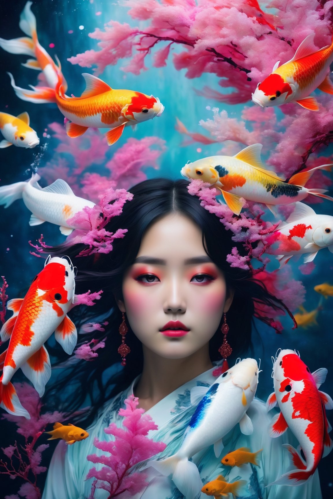 (best quality,8K,highres,masterpiece), ultra-detailed, (photo RAW, vibrant colors, Black, dark red, neon pink), Portrait of 2 ghostly long-tailed white koi and a woman, surrounded by a colorful and shiny aura. The scene includes highly detailed red filigree, intricate motifs, and organic tracery, inspired by the vibrant styles of Januz Miralles and Hikari Shimoda. The composition is perfected with glowing stardust by W. Zelmer, creating a lively and colorful coral reef background. This hyper-realistic 35mm photograph captures the essence of realism with sparkling particles, delivering a burst of color in every detail. It's an award-winning masterpiece with natural light, perfect composition, and an explosion of vivid hues.