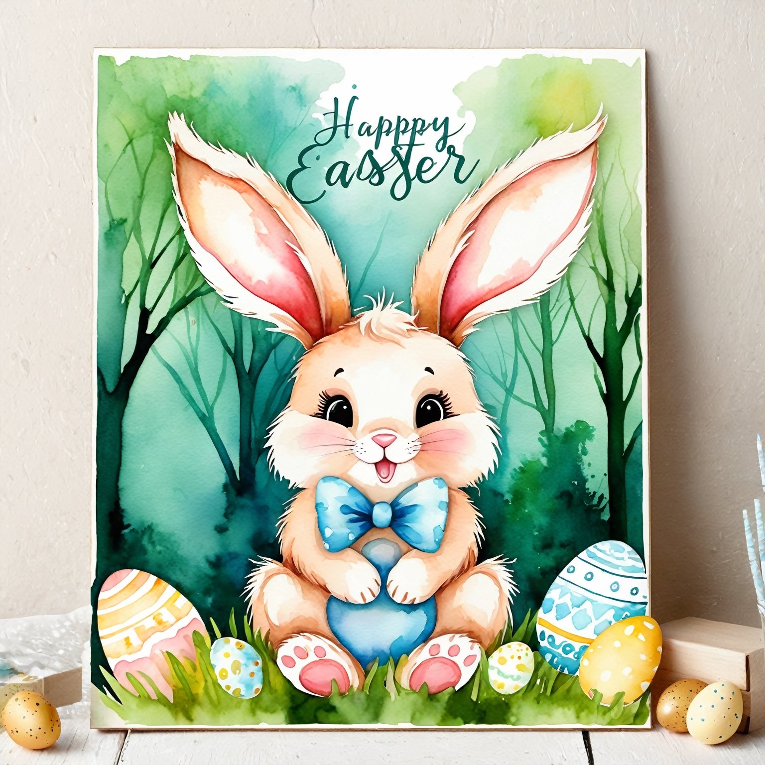 AiArtV,Happy Easter,colorful,easter theme,background,watercolor,a cute bunny with big ears and a big nose sitting on a forest,"Happy Easter" sign on it