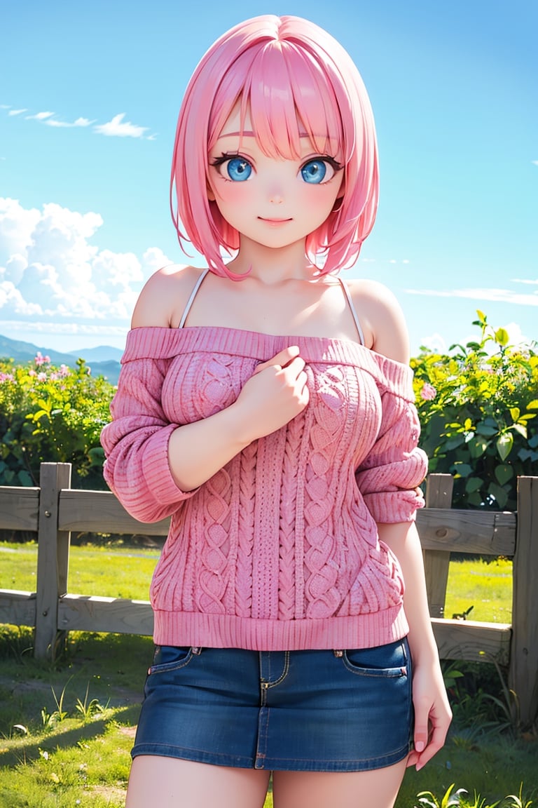 (best quality, 4k, 8k, highres, masterpiece:1.2), ultra-detailed, (realistic, photorealistic, photo-realistic:1.37), 1girl, cowboy shot, outdoors, standing, evil smile, strap sweater, bare shoulders, microskirt, short pink hair, azure eyes, portraits, vivid colors, warm color palette, soft lighting,