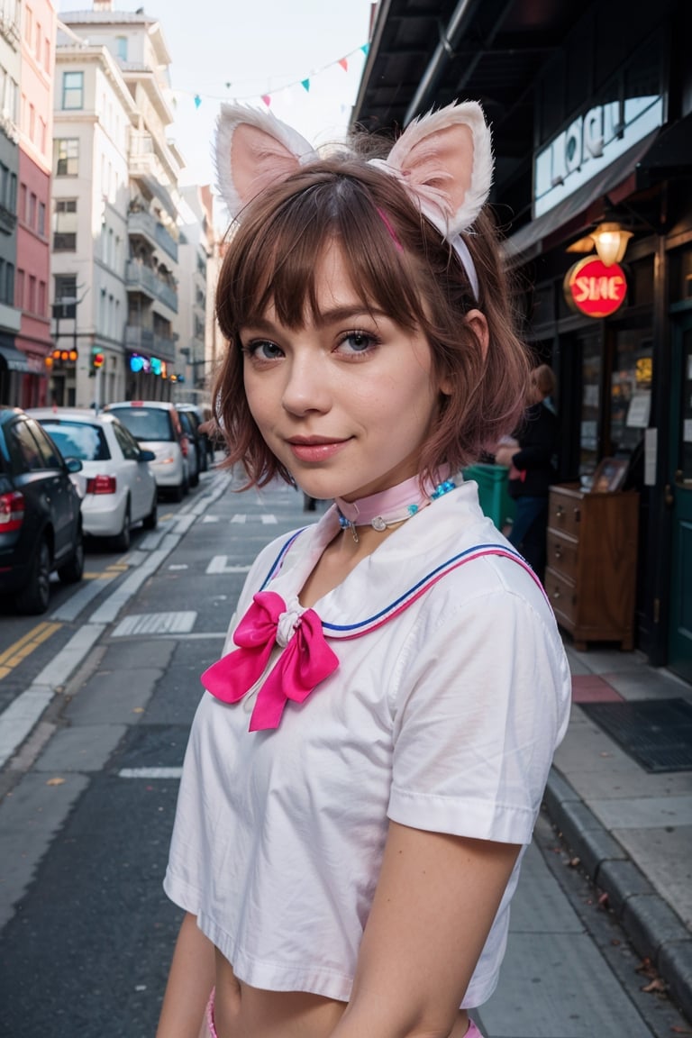 skistyle, 1girl, solo, cute smile, pink hair, animal ears, blue eyes, wings, looking at viewer, bangs, short hair, bow, sailor collar, white sailor collar, hair bow, pink bow, closed mouth, shirt, white shirt, bear ears, bob cut, mini wings, portrait, detached wings, makeup, upper body, city in background