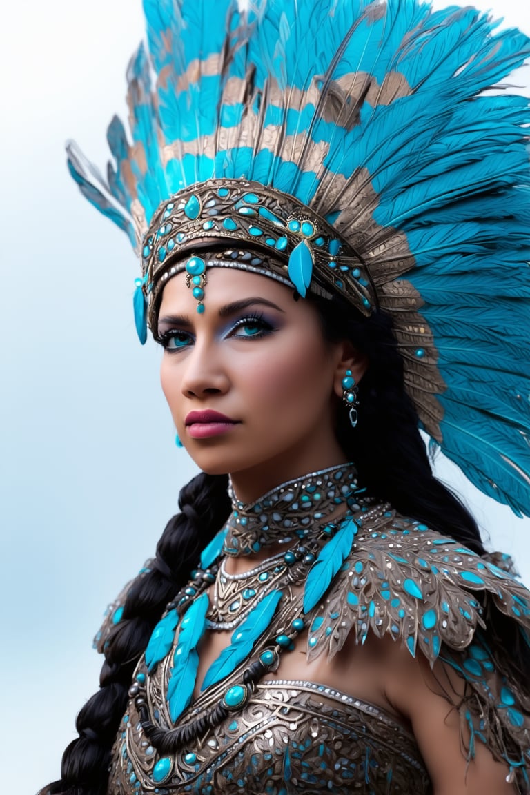 best quality, 4K, 8K, high-resolution, masterpiece, ultra-detailed, photorealistic,  an image of a beautiful woman dressed in an indian headdress with blue feathers and feathers on her face, woman, long hair, looking at viewer, blue eyes, black hair, jewelry, upper body, braid, earrings, dark skin, necklace, dark-skinned female, lips, makeup, facial mark, feathers, gem, eyeshadow, headdress, feather hair ornament, native american