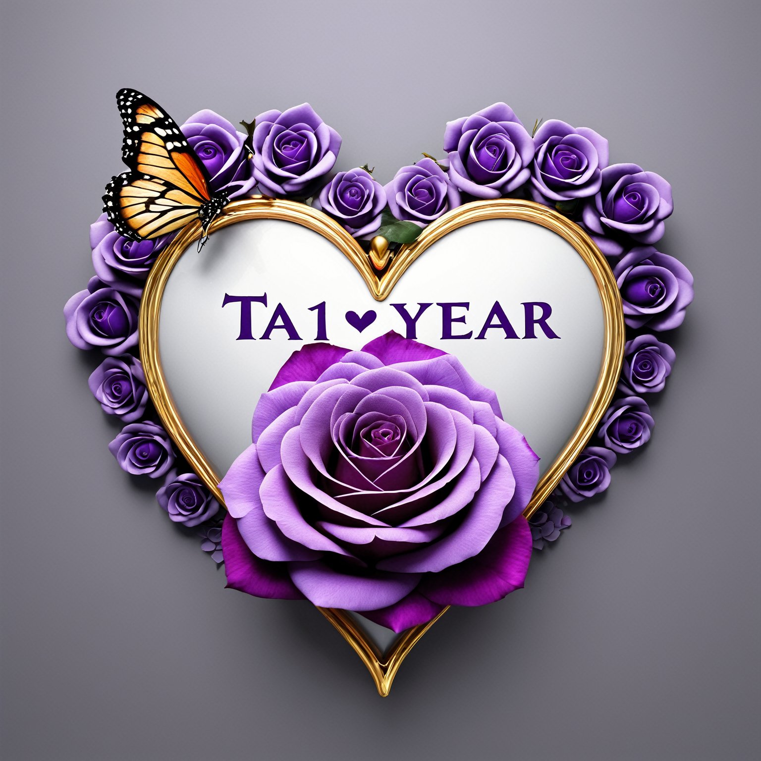 (best quality,8K,highres,masterpiece), ultra-detailed, simple background, flower, heart, grey background, (text on it "TA 1 Year":1.5), rose, crown, butterfly, purple flower, purple rose