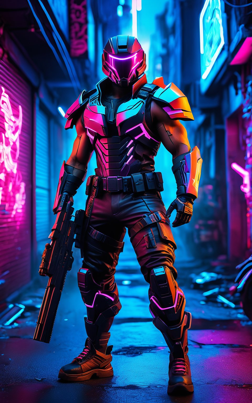 (best quality,8K,highres,masterpiece), ultra-detailed, (cyberpunk warrior in a neon-lit alley), depiction of a cyberpunk warrior standing confidently in a neon-lit alley. The warrior is dressed in sleek, high-tech armor with glowing accents and armed with futuristic weapons. The alley is filled with graffiti, steam, and holographic signs, creating a gritty and immersive cyberpunk environment. The overall composition emphasizes the warrior's readiness and the vibrant, chaotic energy of the setting.