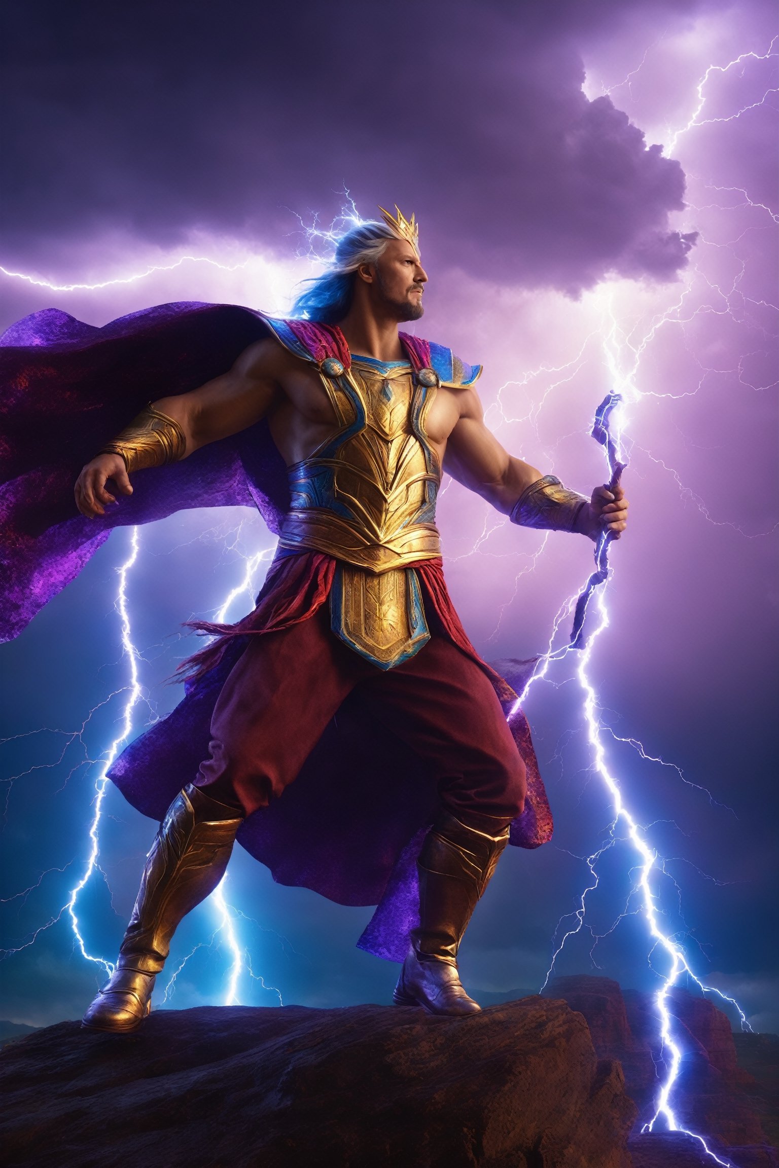 (best quality, UHD, ultra-detailed, masterpiece), (ultra-realistic, photorealistic), A breathtaking UHD portrait depicting the imposing Thunder God, his electrifying lightning strikes illuminating the sky in vibrant violet and cyan hues. Rendered with the precision of the Luminous Studio graphics engine and the brilliance of Octane render, the scene is enveloped in a cloudy haze, with fiery embers dancing around his thunderous crown.