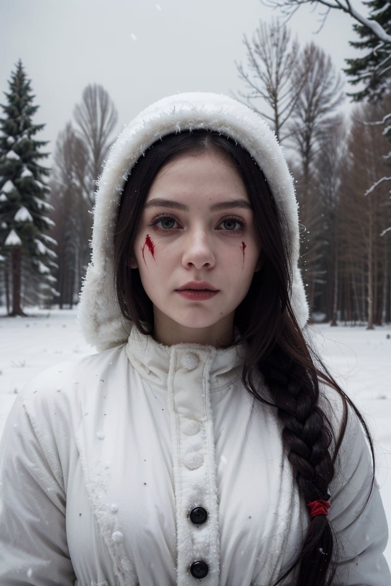 (best quality,highres,masterpiece:1.2),ultra-detailed,realistic, (wintery, snowy),windy (landscape:1.1), (horror, macabre, unsettling), (eerie atmosphere, creepy), (women:1.1, dressed as a snow maiden), (skull:1.1) on her face, (covered in blood), (distorted focus), (haunted), (horror film), (scary, evil)