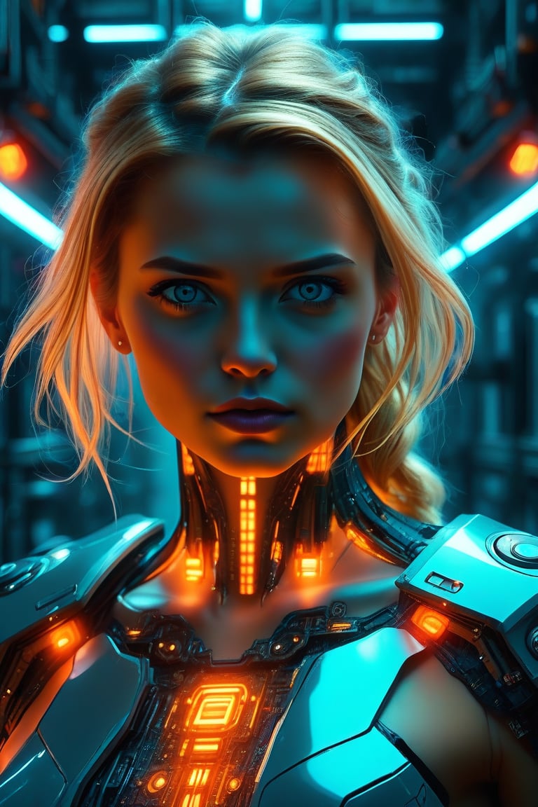 A futuristic, cinematic close-up of a female android with a transparent, illuminated body, showcasing intricate mechanical and glowing circuitry. The android has a serious expression, and her blonde hair is styled loosely. The scene is set in a dark, industrial environment with cool blue and orange lighting, emphasizing the glowing inner components and the high-tech, cybernetic design.