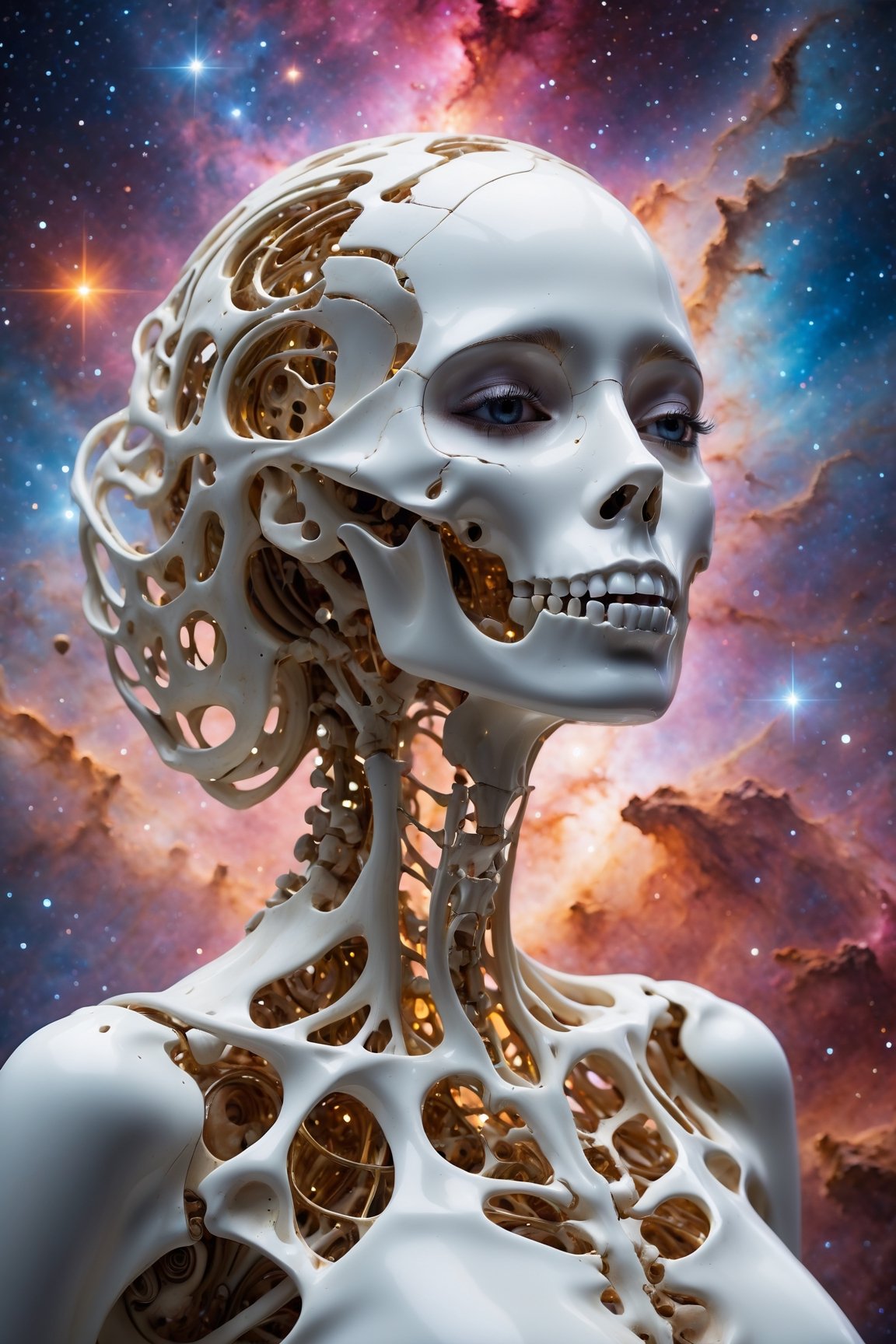 (best quality,8K,highres,masterpiece), ultra-detailed, featuring a woman with her face obscured by a grey square, set against a cosmic, star-filled background. The woman appears to be wearing or integrated with an intricate skeletal structure that is white and somewhat luminescent. The cosmic backdrop bathes the scene in a mesmerizing array of stars and galaxies, creating a sense of vastness and wonder. The obscured face adds an air of mystery and intrigue, inviting viewers to ponder the hidden depths of the character's identity. Meanwhile, the intricate skeletal structure adds a touch of ethereal beauty and symbolism, hinting at themes of mortality, transformation, and the interconnectedness of all things. This artwork is a captivating exploration of the human form amidst the cosmic expanse, blending elements of mystery, beauty, and cosmic wonder.