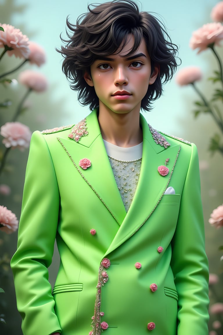 A fashion-forward young man with wavy, tousled dark hair stands amidst a soft, dreamy garden setting, surrounded by blurred, blooming white and pink flowers in the background. He wears an eye-catching, vibrant neon green coat with a shimmering texture, intricate beading along the shoulders and lapels, and floral-themed buttons. The atmosphere has a soft, ethereal glow, with diffused natural light casting a delicate haze on the scene, creating a surreal yet serene mood. The composition focuses on the contrast between the sharp, modern, avant-garde outfit and the lush, romantic floral background, evoking a sense of high-fashion artistry and natural elegance.