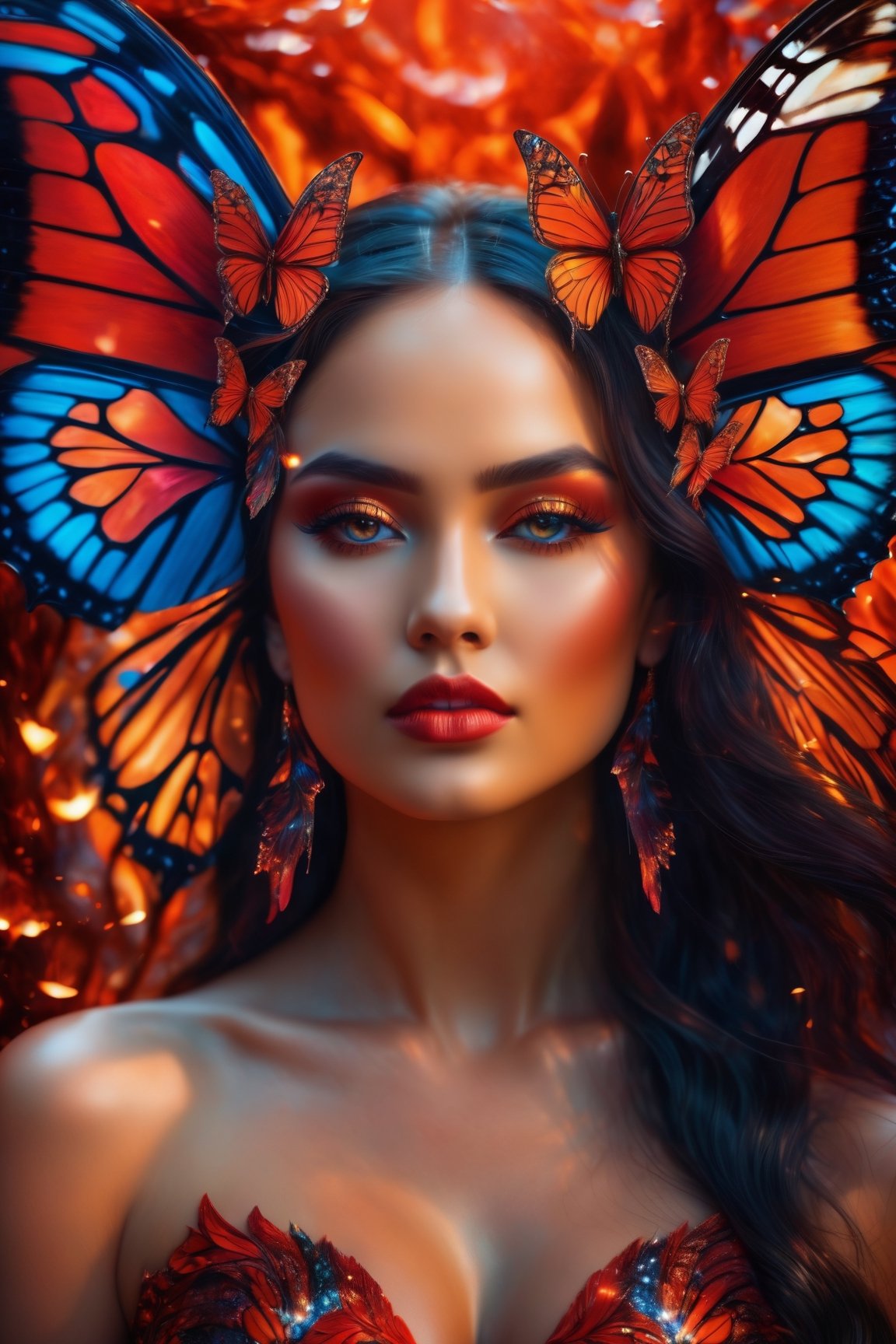 best quality,highres,masterpiece:1.2,ultra-detailed,(realistic,photorealistic,photo-realistic:1.37),beautiful woman (extremely beautiful face:red lips,sparkling eyes),detailed wings with intricate patterns, vibrant colors,soft glow from wings to highlight the woman's beauty,detailed texture on the wings with visible veins and delicate scales,background with molten lava flowing with bright orange-red color, sparkling and reflecting the light,powerful contrast between the woman's beauty and the dangerous lava,butterflies flying around the woman,adding a whimsical and magical touch to the scene.