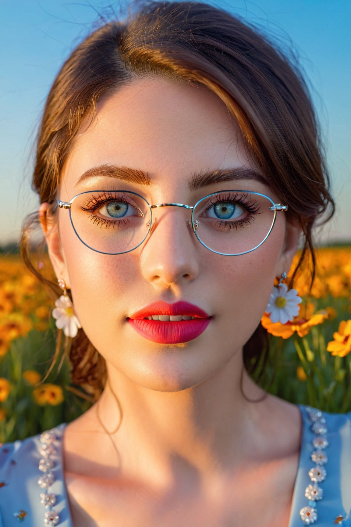 (best quality,highres,masterpiece:1.2),ultra-detailed,(realistic,photorealistic,photo-realistic:1.37),1girl,intricate eyes,longeyelashes,beautiful detailed eyes,beautiful detailed lips,blue dress,happy,freckles,hair flower,earrings,glasses,flower field,blue sky,sunset,Cinematic light