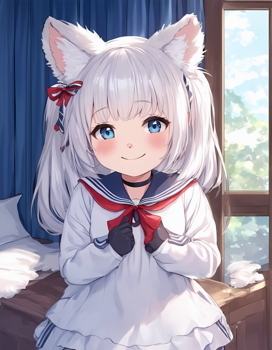 1girl, looking at viewer, blush, smile, short hair, blue eyes, long sleeves, hair ornament, gloves, dress, animal ears, ribbon, closed mouth, twintails, school uniform, white hair, hair ribbon, black gloves, choker, indoors, sailor collar, white dress, animal ear fluff, red ribbon, window, bed, curtains, furry, clenched hands, furry female, animal nose