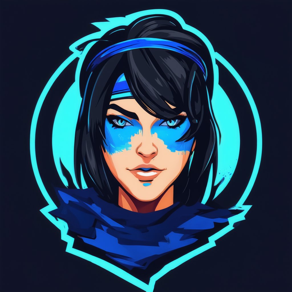 gaming logo design,  an illustration of a woman with black hair and blue paint on her face, wearing a blue headband