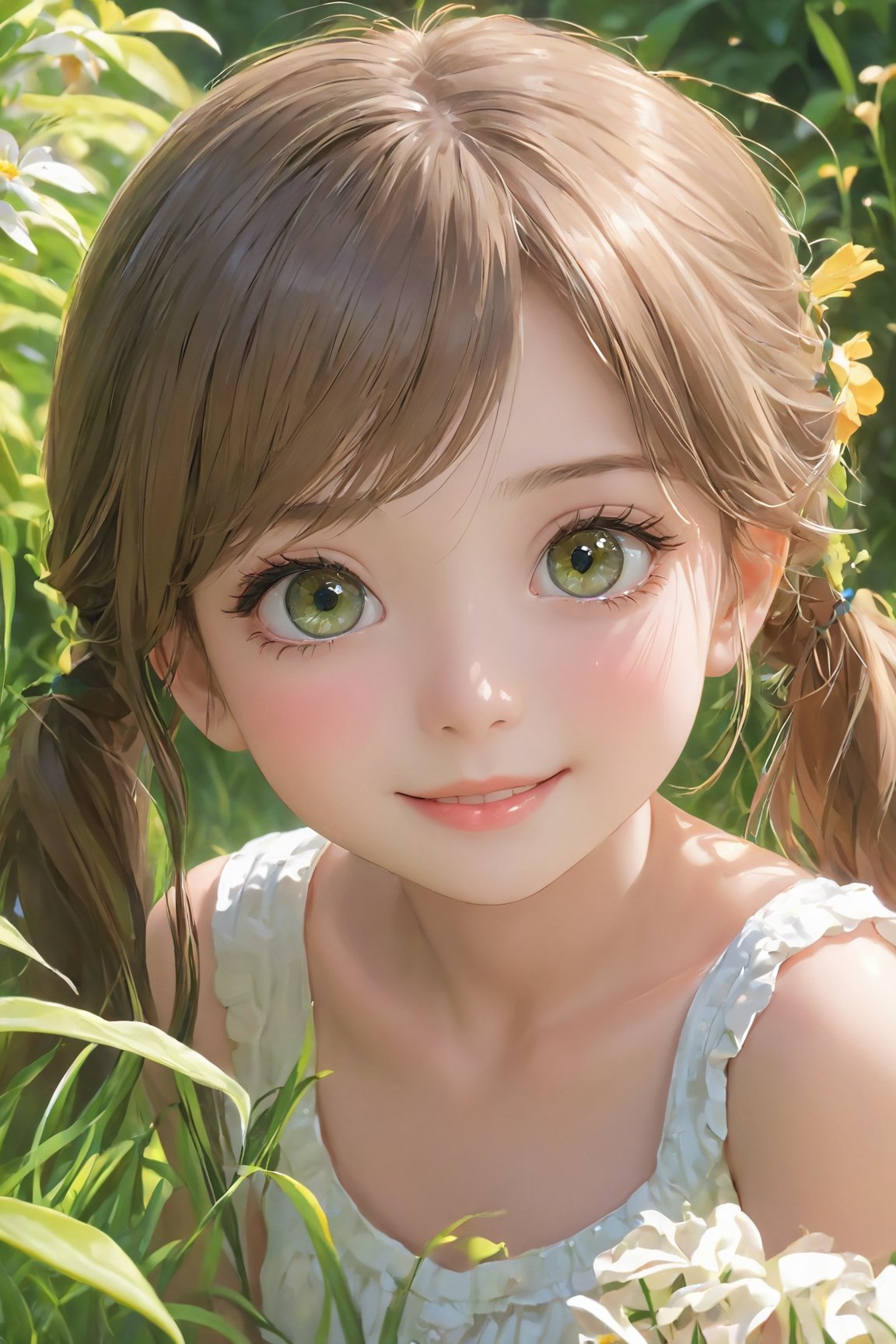 (best quality, 4k, 8k, highres, masterpiece:1.2), ultra-detailed, (realistic, photorealistic, photo-realistic:1.37), beautiful detailed eyes, beautiful detailed lips, extremely detailed eyes and face, longeyelashes, little girl, cute girl, cute smile, outdoor, illustration, pastel colors, soft lighting, happy expression, green garden, flowers, grass, sunshine,ANIME