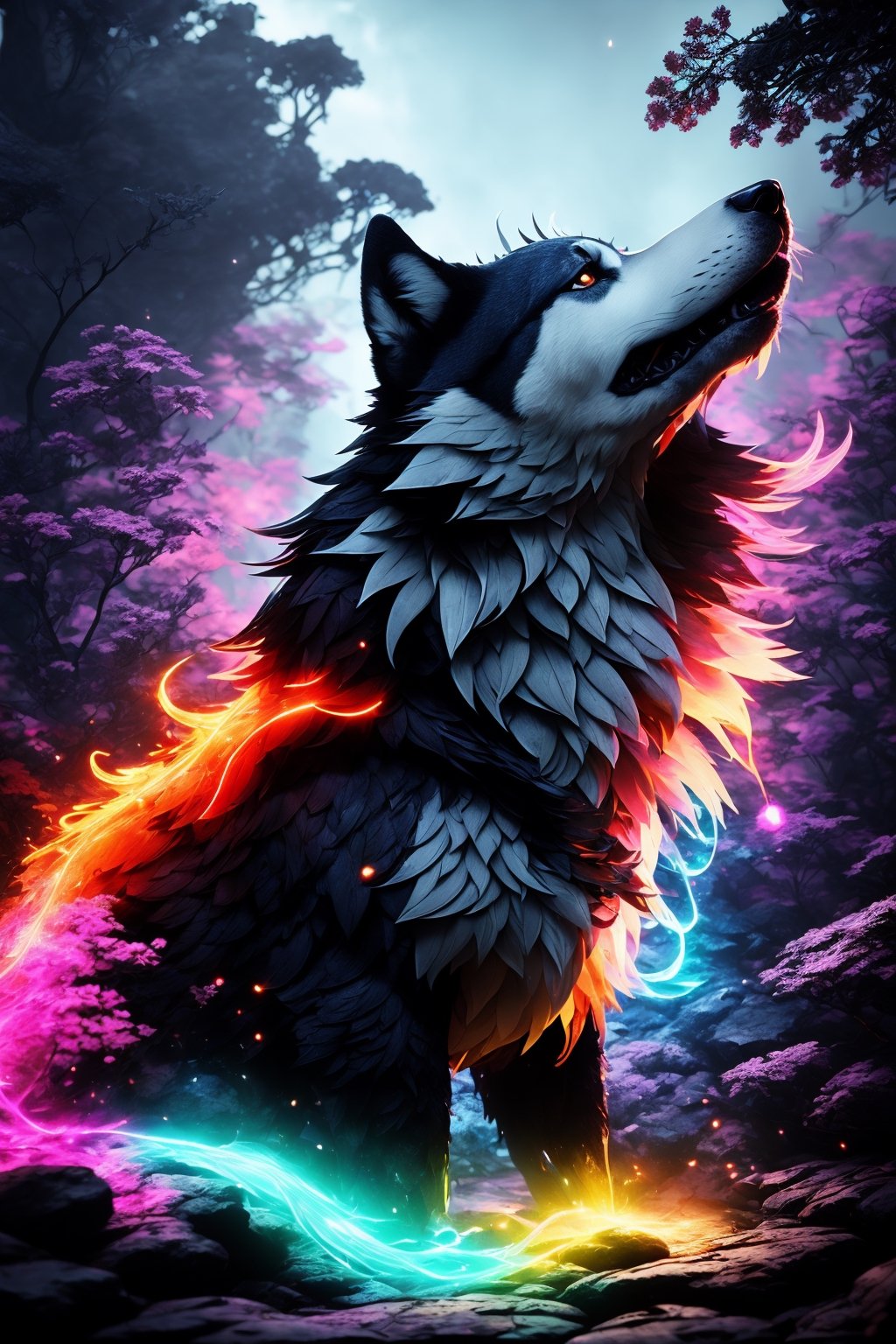 Wolf Nebulosa Galaxy, T-Shirt Art, T-Shirt Design, Shirt Print, Splash art, style, portrait poster, Adobe Illustrator, Vector, 3D Illustration, Abstract Art, Print illustrations, Dark Background, Vibrant Color, Very Colorful, Trendy Colorful Gradient, Centered, Front View, Hyper Detailed, Photorealistic Rendering, 8k HD, Focused, Super Detailed, head feathers, Intricately Detailed Splash Art Triadic Color Trend Artstation Unreal Engine 5 Volumetric Lighting, Gothic , High resolution, close-up, ambient light, Nikon 15mm f/1.8G, by GIlSam-paio octane rendering depicting innovation and truth, 8k, glamour, intricate detailed environment, lace, smudges , ornate, unreal engine, fantastica