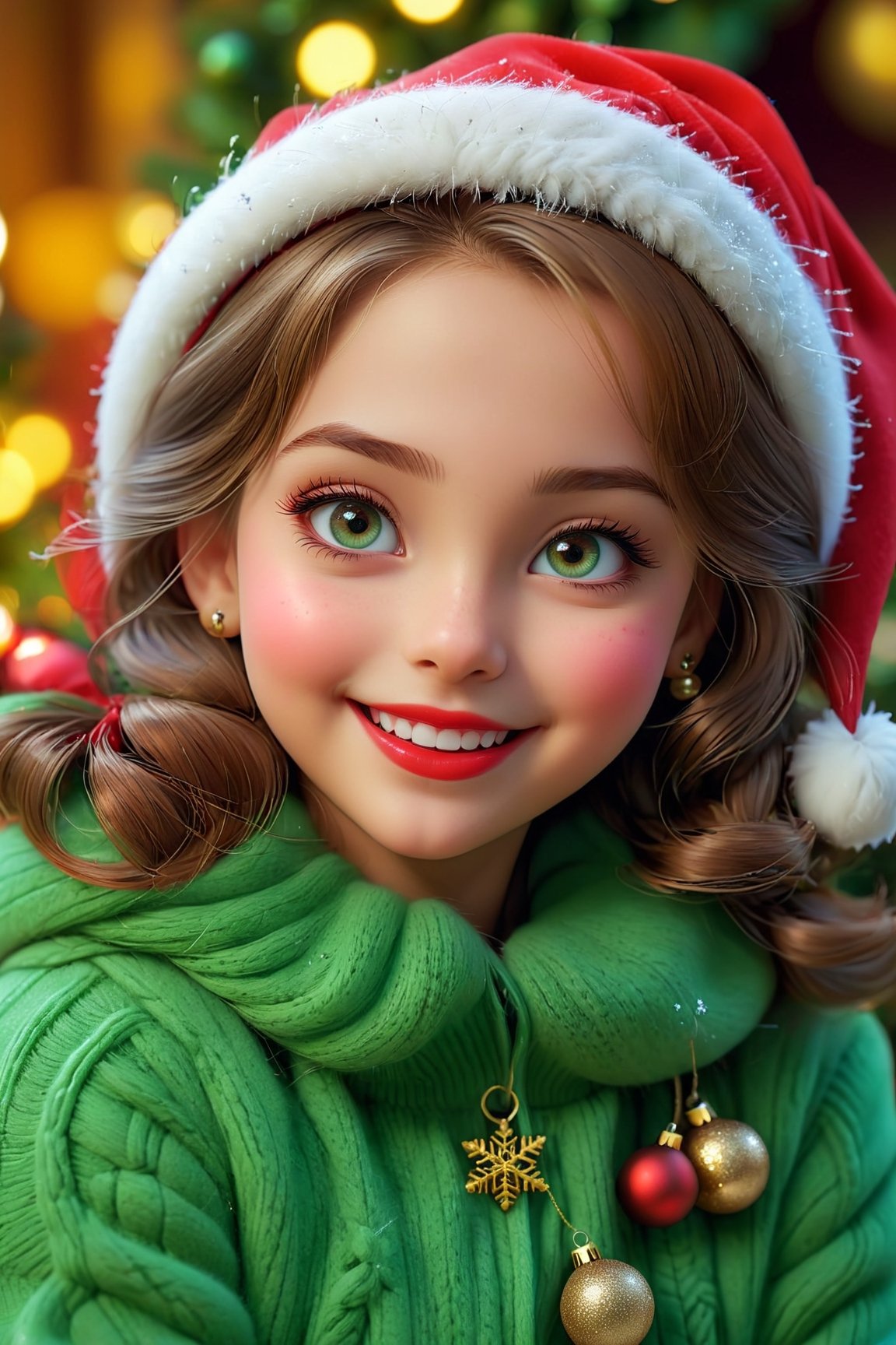 (best quality, 4k, 8k, highres, masterpiece:1.2), ultra-detailed, (realistic, photorealistic, photo-realistic:1.37), cute little girl, cute smile, beautiful detailed eyes, beautiful detailed lips, long eyelashes, portrait, Christmas background, soft lighting, playful expression, red and green color palette, cozy atmosphere, happy mood, warm clothing, decorative ornaments, sparkling snowflakes, joyful celebration, vibrant colors, happy holiday vibes