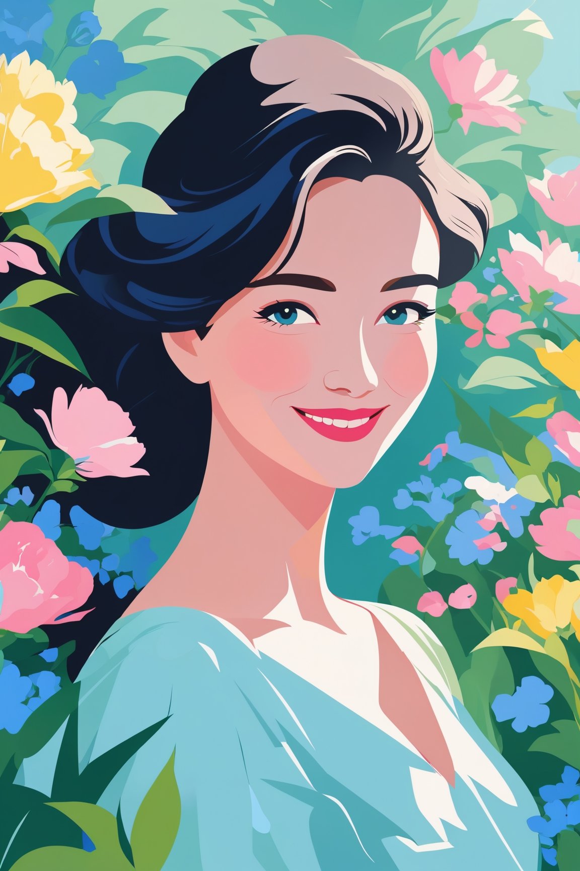 shadow flat vector art, masterpiece, 8k, highest quality, woman wearing qingfashion, portrait, sweet smile, spring flowers, blue green and pink