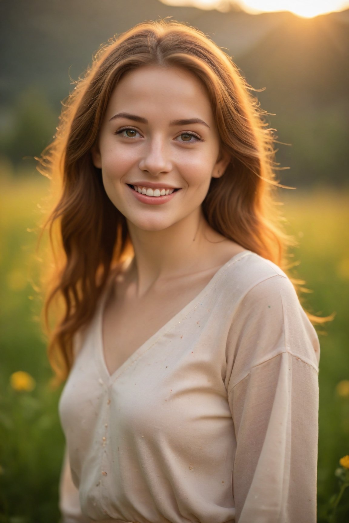 (best quality, 8k, highres, masterpiece:1.2), photorealistic, ultra-detailed, vibrant photography of a woman in nature, cute smile, dramatic lighting, finely detailed beautiful eyes, fine detailed skin, Natural scenery, majestic landscape, colorful flowers, distant mountains, flowing rivers, melting sunset, serene atmosphere, dazzling sunlight, blissful vibes, freckled face, luscious greenery, soft breeze, ethereal beauty