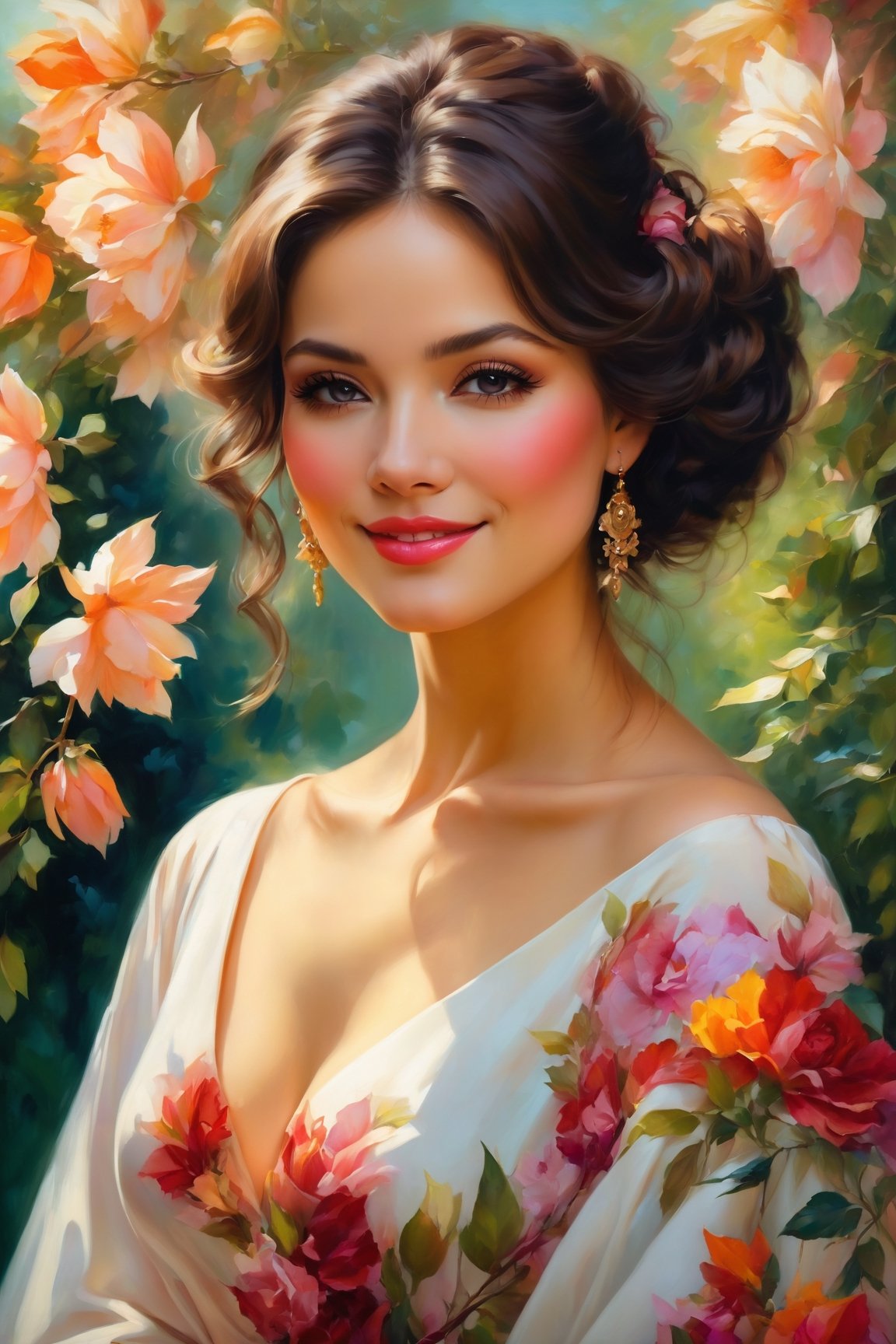 (young adult, beautiful, seductive, alluring), (best quality, highres, ultra-detailed), (oil painting, fine art), (vibrant colors, warm tones), (soft lighting, dramatic shadows), (deep gaze, captivating eyes), (rosy lips, luscious mouth), (porcelain skin, flawless complexion), (elegant dress, revealing neckline), (attractive pose, confident stance), (lush garden background, blooming flowers), (subtle breeze, swaying leaves), (romantic atmosphere, dreamy ambiance), (sensual expression, subtle smile)