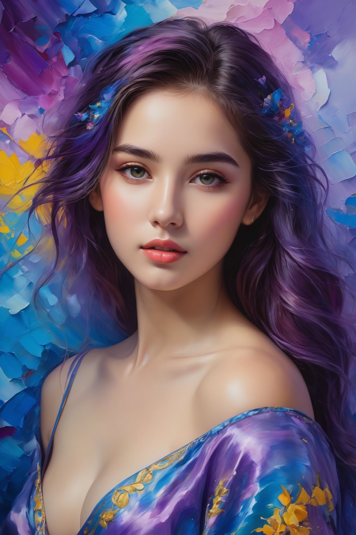 An enchanting 8K oil painting masterpiece, (A vibrant and youthful woman, 18 years old, her hair artfully tousled:1.3), Exquisitely portraying her perfect face with soft, flawless skin, adorned with a delightful blend of blue, yellow, light purple, and violet hues, accentuated with hints of light red, (An intricate celebration of beauty:1.3), Every detail meticulously crafted in a mesmerizing display of colors, resembling a stunning splash screen, (An 8K resolution masterpiece that captivates the eye:1.3), A cute face brought to life in the realm of art, destined to grace ArtStation's digital painting hall of fame, (A smooth and artistic portrayal that defies convention:1.3)