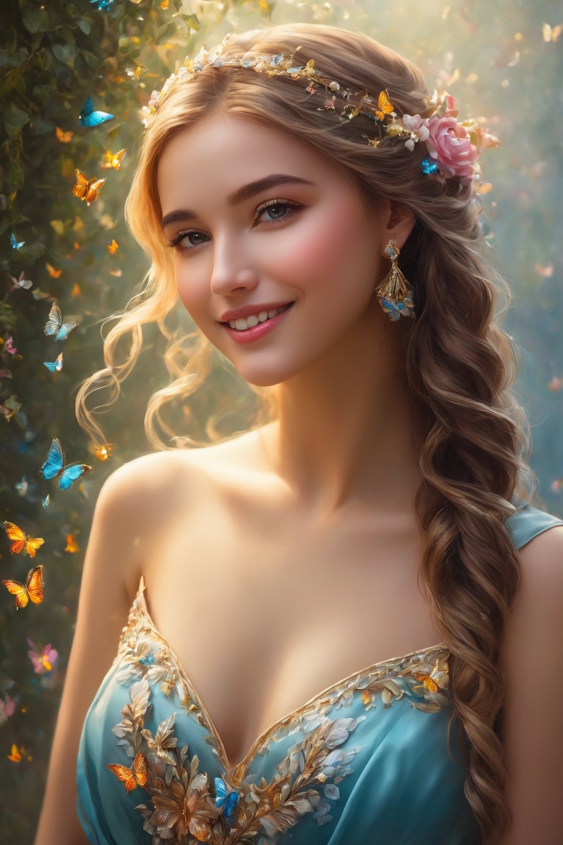 (best quality,4k,8k,highres,masterpiece:1.2),ultra-detailed,(realistic,photorealistic,photo-realistic:1.37),woman,beautiful,cute smile,fancy,haven goddess,portrait,powerful aura,shining eyes,luxurious jewelry,colorful flowers,butterflies,detailed features,soft and glowing skin,graceful pose,flowing dress,smooth hair,ethereal background,impressive light and shadow,meticulous attention to detail,vivid colors,classic oil painting style,paint strokes,subtle textures,fine brushwork,tangible 3D effect,harmonious color palette,entrancing atmosphere,eye-catching composition,dreamlike ambiance