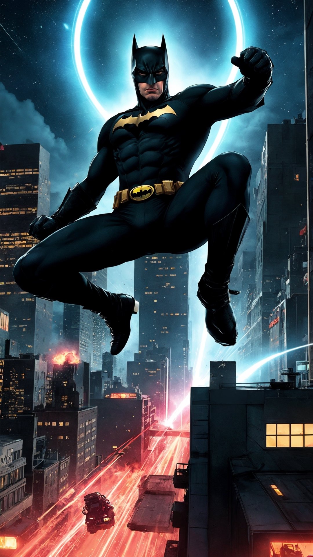 "Generate an image depicting an ultra Sonic-powered version of Batman  in a dynamic and action-packed pose. Show  suit emanating vibrant energy waves, with a futuristic cityscape in the background, highlighting the sheer power and speed of this upgraded superhero."