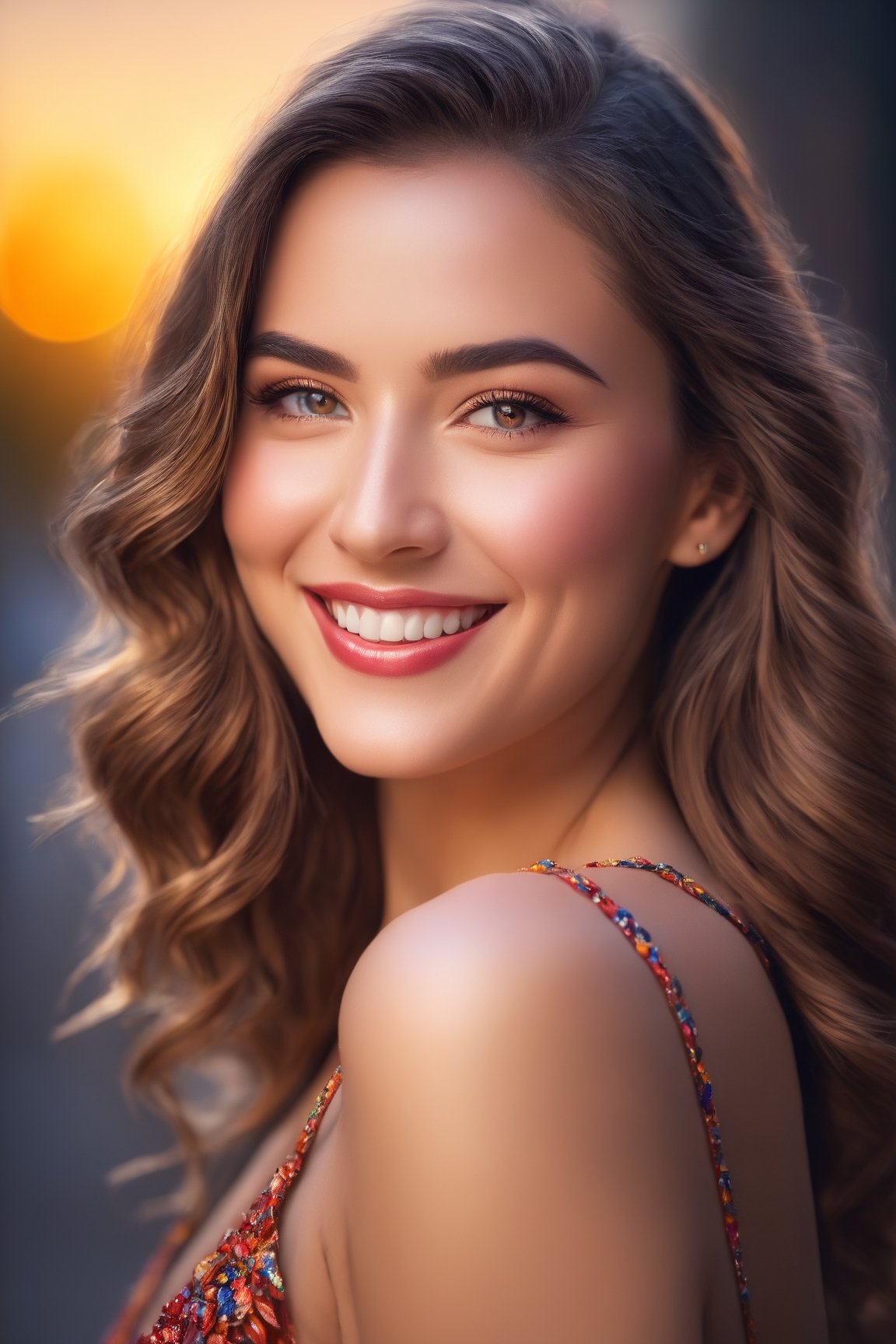 (best quality,4k,8k,highres,masterpiece:1.2),ultra-detailed,realistic beauty,woman with a captivating smile,fancy portrait, vibrant colors,soft lighting,fine art,bokeh