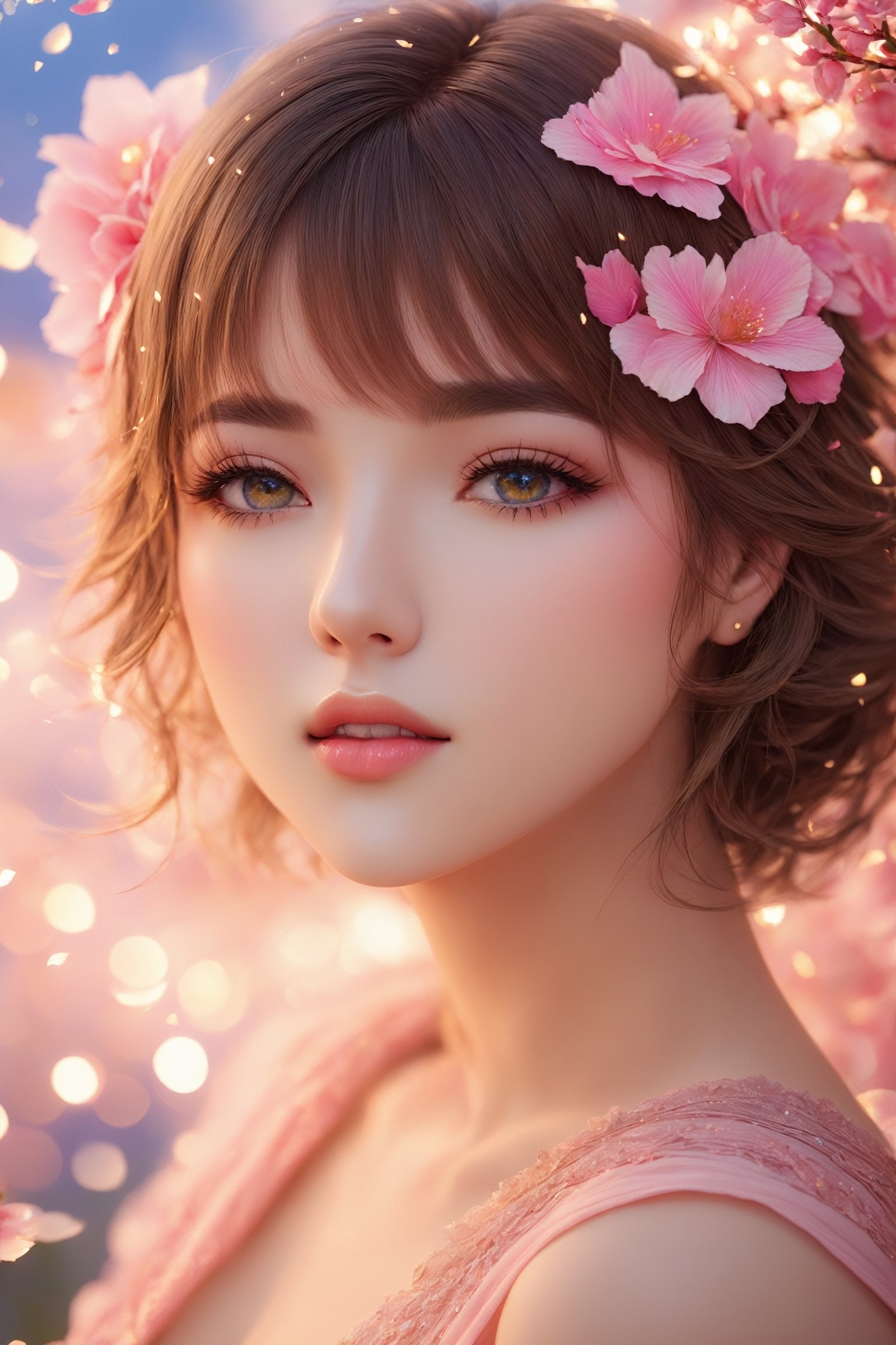 best quality,ultra-detailed,highres,realistic,extremely detailed eyes and face,beautiful detailed eyes,beautiful detailed lips, longeyelashes,1girl,short-hair,hair fluttering in the wind,facing to the side,look up at your face,eyes closed,(sleeveless:1.1),skirt,D cup breasts,countless petals are falling,portraits,vivid colors,soft lighting,bokeh