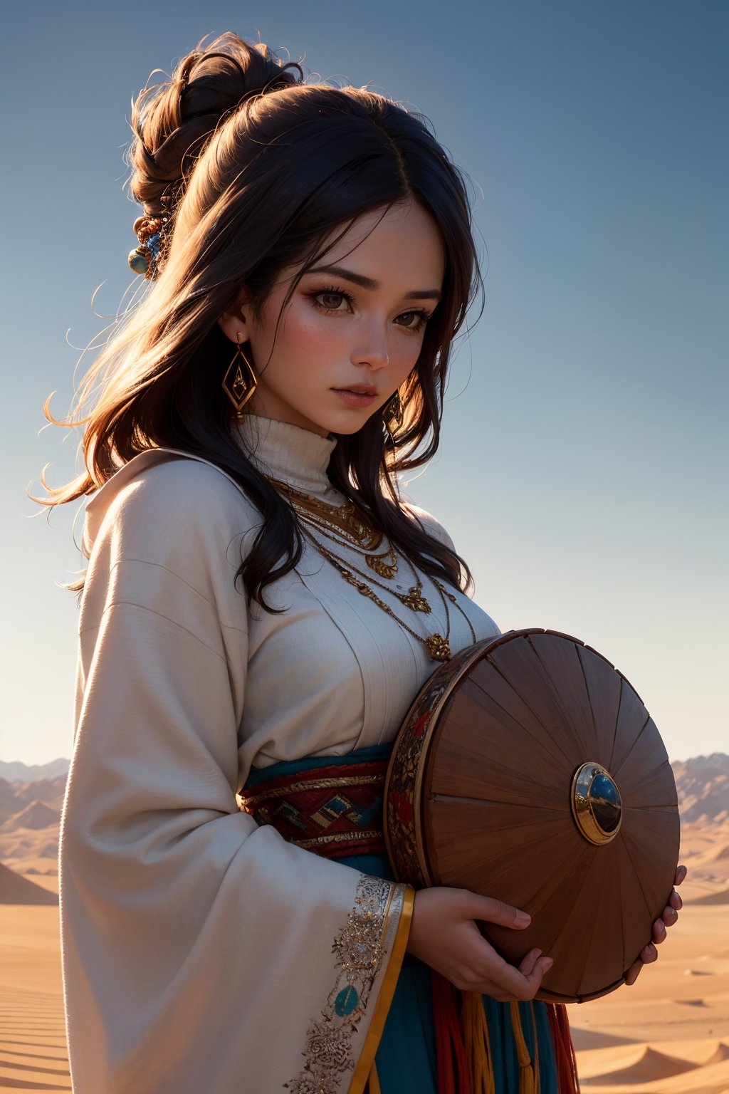 (best quality,4k,8k,highres,masterpiece:1.2),ultra-detailed,(realistic,photorealistic,photo-realistic:1.37), Alafi woman in traditional costume holding a small drum in the desert, a young woman in shamanic costume, a girl holding a sphere, the scenery of the film Silk Road, beautiful youth, portrait shot, fine details in Alafi woman's attire and jewelry, vibrant colors in the desert landscape, warm sunlight casting soft shadows, intricate patterns on the traditional costume, elaborate embroidery and beadwork, organic textures, flowing hair in the wind, subtle gradients in the sky, dramatic contrast between the woman and the vast desert, mystical atmosphere, ethereal glow, enchanting composition, capturing the essence of Alafi culture, magical elements subtly integrated in the scene, harmonious blend of tradition and modernity.