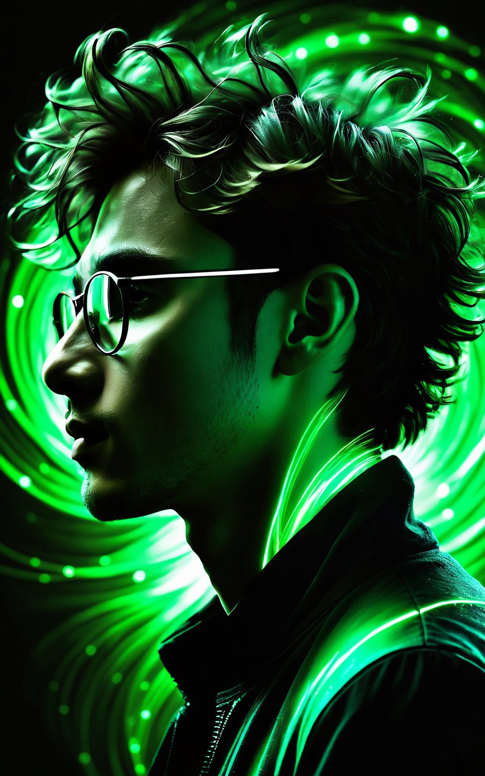 (high quality, digital art, illustration), silhouette of a young man, profile view, messy hair, glasses, dark clothing, green and black color scheme, swirling abstract background, glowing green light, ethereal atmosphere, dynamic lighting, high contrast, intricate linework, magical effect, flowing energy lines, particles and sparkles, mysterious and fantastical ambiance, cinematic composition, high resolution, captivating visuals, enchanting aesthetics.