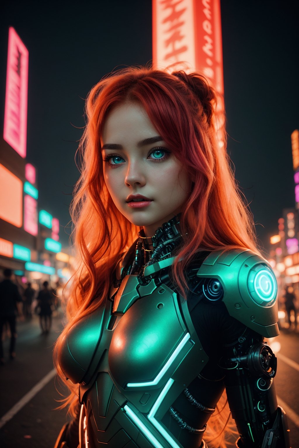 (Vivid neon night, detailed background), (petite cyborg girl, cute face, perky breasts), Amidst the vibrant neon night of a futuristic cyberpunk city, the scene bursts with intricate details. A petite and cute cyborg girl, her face perfect and her anatomy flawless, stands with bright, glowing red eyes. Her absurdly long gradient red and green hair flows in the wind as she dons a detailed ribbed impossible bodysuit, featuring shoulder armor and cybernetic limbs, all captured from a dynamic angle.