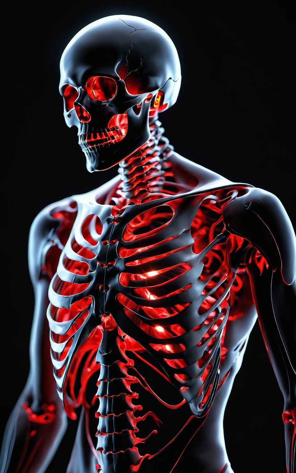 (best quality, 4K, 8K, high-resolution, masterpiece), ultra-detailed, extremely realistic photography of [man] , dark background, |red] halo around head, xray body reflections, black, skeleton hand on chest,below, photorealistic, dark mistica