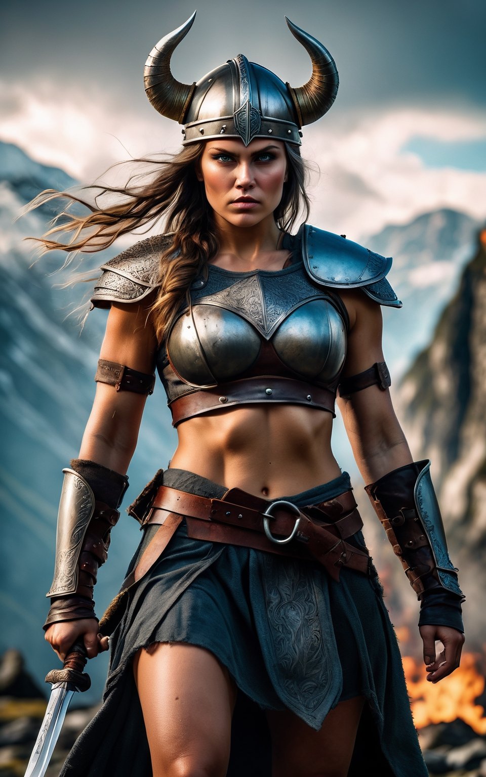 (best quality, 4k, 8k, highres, masterpiece:1.2), ultra-detailed, realistic, photorealistic, (a fierce viking warrior with a fierce expression, wearing leather armor and a horned helmet), beautiful detailed eyes, beautiful detailed lips, extremely detailed eyes and face, warrior attitude, grim and strong appearance, strong and muscular build, standing confidently in a dramatic pose, holding a battle axe raised high, brandishing an intimidating sword, powerful presence, strong and determined facial expression, scars and battle wounds on her face, viking-inspired tattoos covering her arms and body, a tattoo of a dragon on her neck, cinematic lighting and composition, dramatic shadows and highlights, photorealistic textures and details, realistic and vibrant colors, vivid backgrounds and landscapes, highly detailed hair and braid styles, masterpiece quality and resolution, powerful and cinematic atmosphere, creating a sense of awe and intimidation