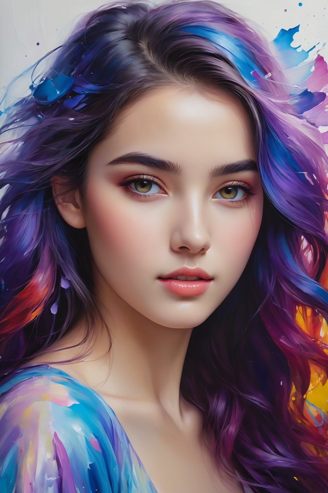 An enchanting 8K oil painting masterpiece, (A vibrant and youthful woman, 18 years old, her hair artfully tousled:1.3), Exquisitely portraying her perfect face with soft, flawless skin, adorned with a delightful blend of blue, yellow, light purple, and violet hues, accentuated with hints of light red, (An intricate celebration of beauty:1.3), Every detail meticulously crafted in a mesmerizing display of colors, resembling a stunning splash screen, (An 8K resolution masterpiece that captivates the eye:1.3), A cute face brought to life in the realm of art, destined to grace ArtStation's digital painting hall of fame, (A smooth and artistic portrayal that defies convention:1.3)