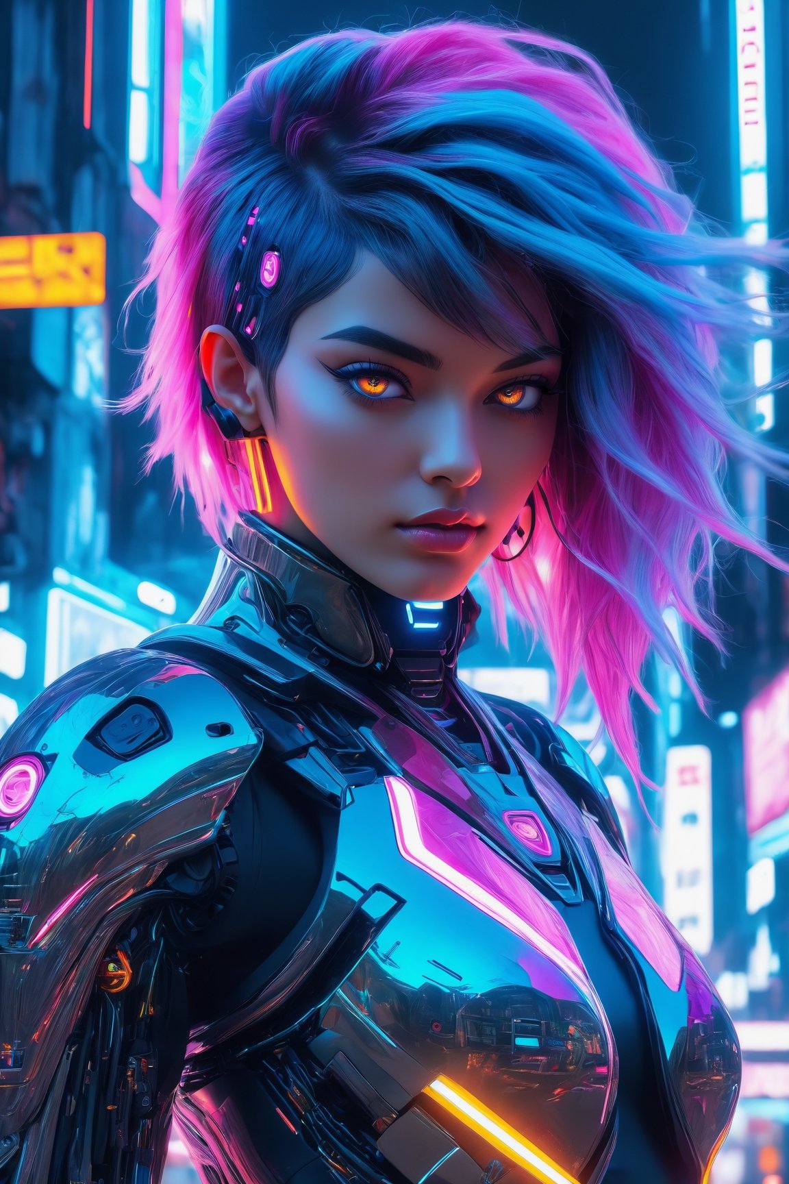 (best quality,4k,8k,highres,masterpiece:1.2),ultra-detailed,(realistic,photorealistic,photo-realistic:1.37),cyborg,1girl,neon hair,niji style,futuristic,electric atmosphere,vibrant colors,glowing lights,metallic reflections,digital enhancements,energetic pose,eye-catching,artificial intelligence,tech-inspired,fluid motion,dynamic composition,sci-fi elements,urban setting,gritty background,dystopian vibes,edgy fashion,cyberpunk aesthetics,holographic effects,retro-futurism,synthetic beauty,neon signs,rich textures,immersive experience,advanced technology,cybernetic enhancements,otherworldly,expressive eyes,mechanical details,modern art,unique perspective,experimental,cosmic energy,nanoscale implants,ethereal presence,augmented reality,creative expression,limitless possibilities