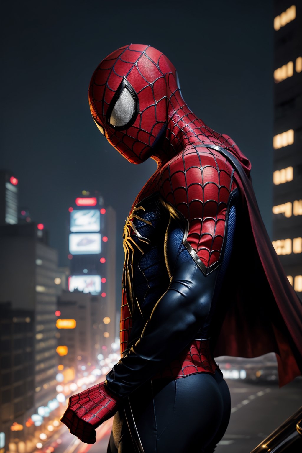 A breathtaking 8K photorealistic concept art masterpiece, (Spiderman in a striking black and red suit, unmasked, with a crimson cape billowing gracefully:1.3), Against a highly detailed night cityscape, captured with perfect composition and sharp focus, (A cinematic vision of artistry:1.3), Bathed in soft, natural volumetric lighting, the chiaroscuro effect enhancing the intricate details of the suit, (A true award-winning photograph:1.3)