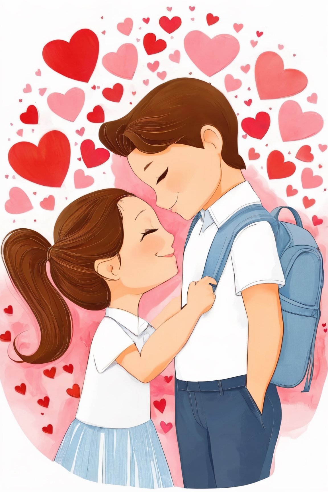 (best quality,8K,highres,masterpiece), ultra-detailed, Valentine's Day inspired scene featuring a couple in a sweet, intimate moment. The girl, with a radiant smile and short brown hair, wears a shirt that contrasts beautifully with the boy's yellow or orange shirt. They are depicted against a stark white background, focusing the viewer's attention on the connection between them. The boy, in a white collared shirt with short sleeves, gently kisses the girl on the cheek, who responds with closed eyes and a content expression, her hair tied back in a practical ponytail. The simplicity of their attire, including the girl's dress and the boy's casual shirt, underscores the genuine and heartfelt emotion of the scene. Blush stickers on their cheeks add a playful, animated touch to their expressions, emphasizing the warmth and affection they share. The artwork captures the essence of young love, symbolized by a heart that encompasses their joy and companionship, celebrating Valentine's Day with a portrayal of innocent and joyful affection.