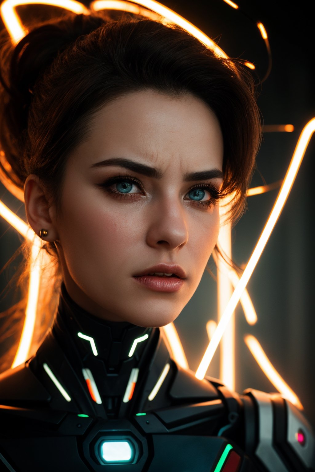 (best quality, 8K, ultra-detailed, masterpiece), (ultra-realistic, photorealistic), Create a captivating 8K close-up portrait of a beautiful and enigmatic woman who possesses the extraordinary power of electricity. Her expression is one of anger, and her face has a robotic, cyborg-like appearance. She is clad in a futuristic cyborg outfit. Her wild, electrified hair crackles with bright white sparks, and her eyes are illuminated by piercing neon-white electric glows. The entire composition is charged with multicolored lightning, giving the scene an electrifying and dynamic atmosphere.