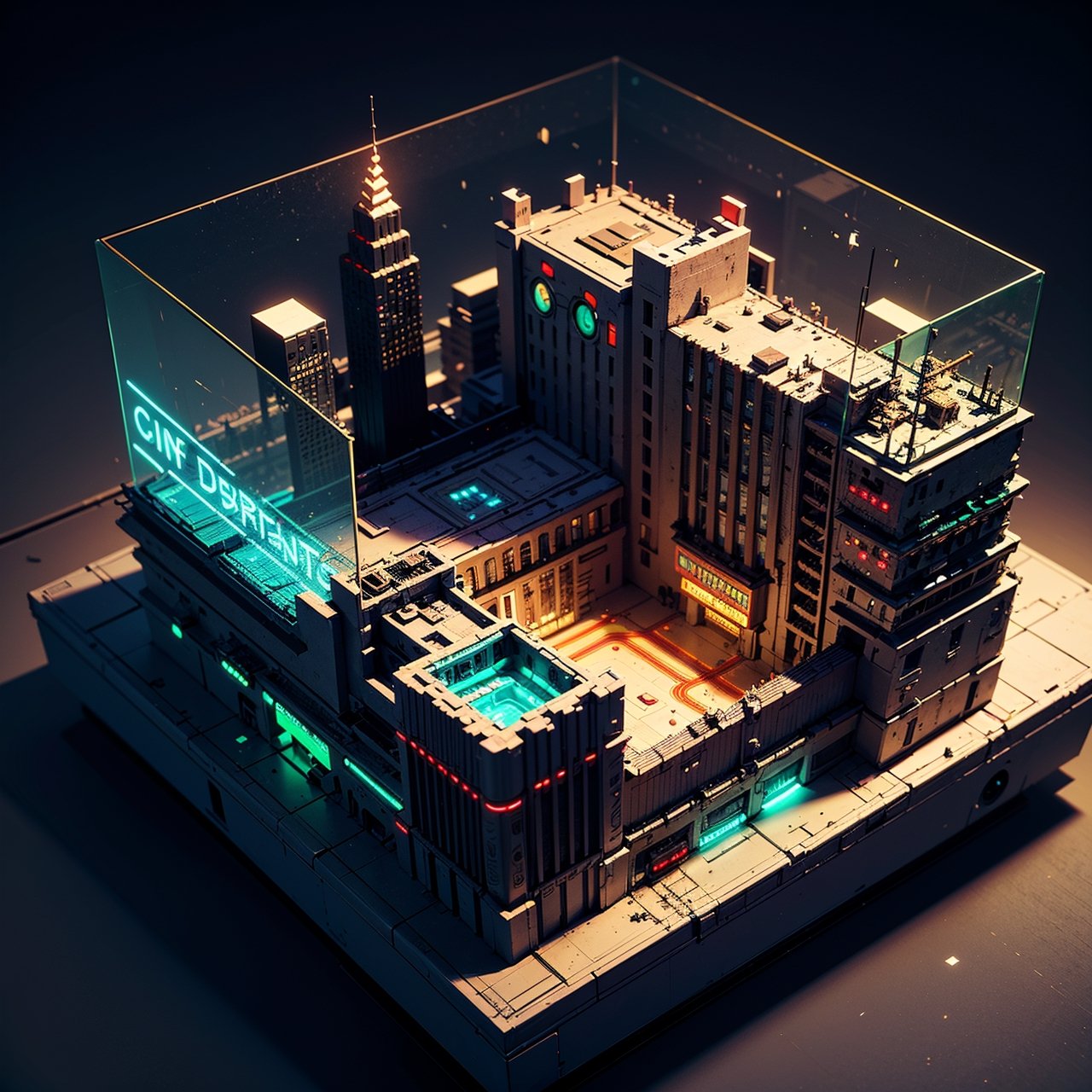 best quality,(masterpiece:1.1),3d,cyberpunk city,futuristic,neon light, isometric view,high resolution,detailed details,simple background,