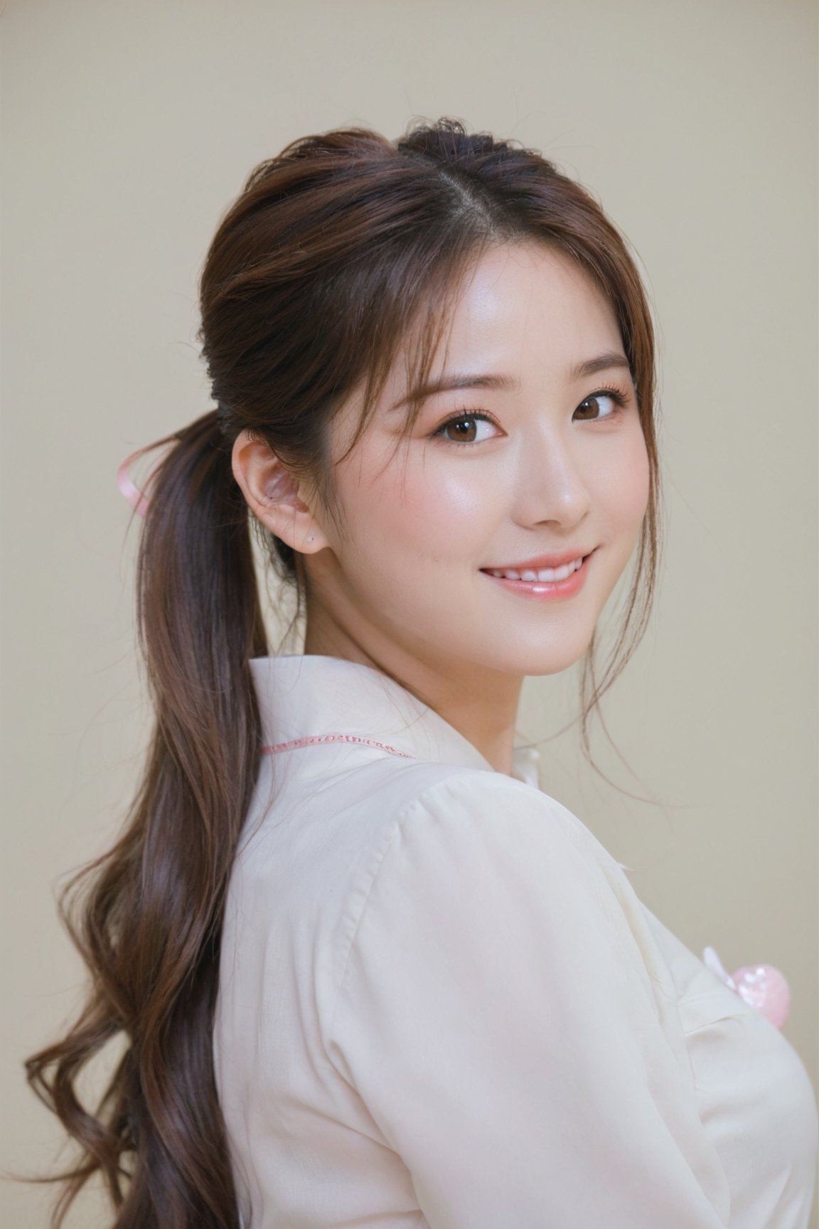 1girl,solo,long hair,looking at viewer,blush,smile,brown hair,brown eyes,ponytail,heart,portrait,Korean