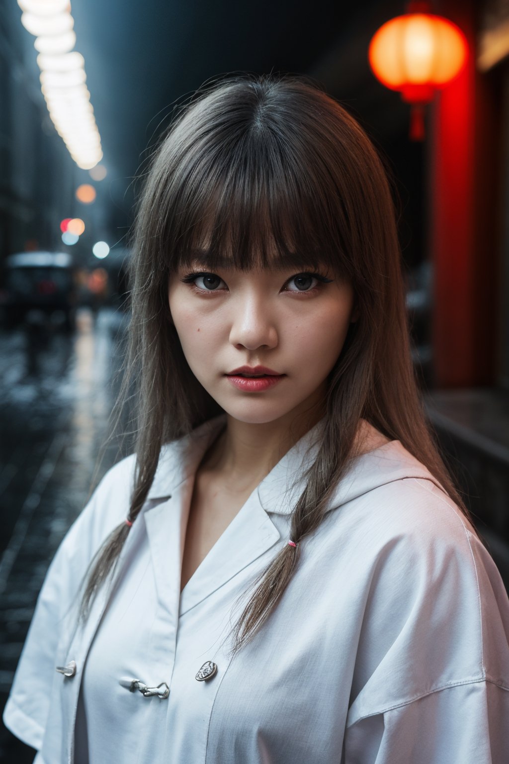 Masterpiece, best quality, night, outdoors, rainy days, branches, Chinese style, ancient China, 1 woman, mature woman, silver white long haired woman, gray blue eyes, light pink lips, cold, serious, weak, bangs, assassins, short knives, white clothes, black clothing patterns, blood stains, blood, injuries, blood on the face, blood on the clothes, rain, fine face, fine face,