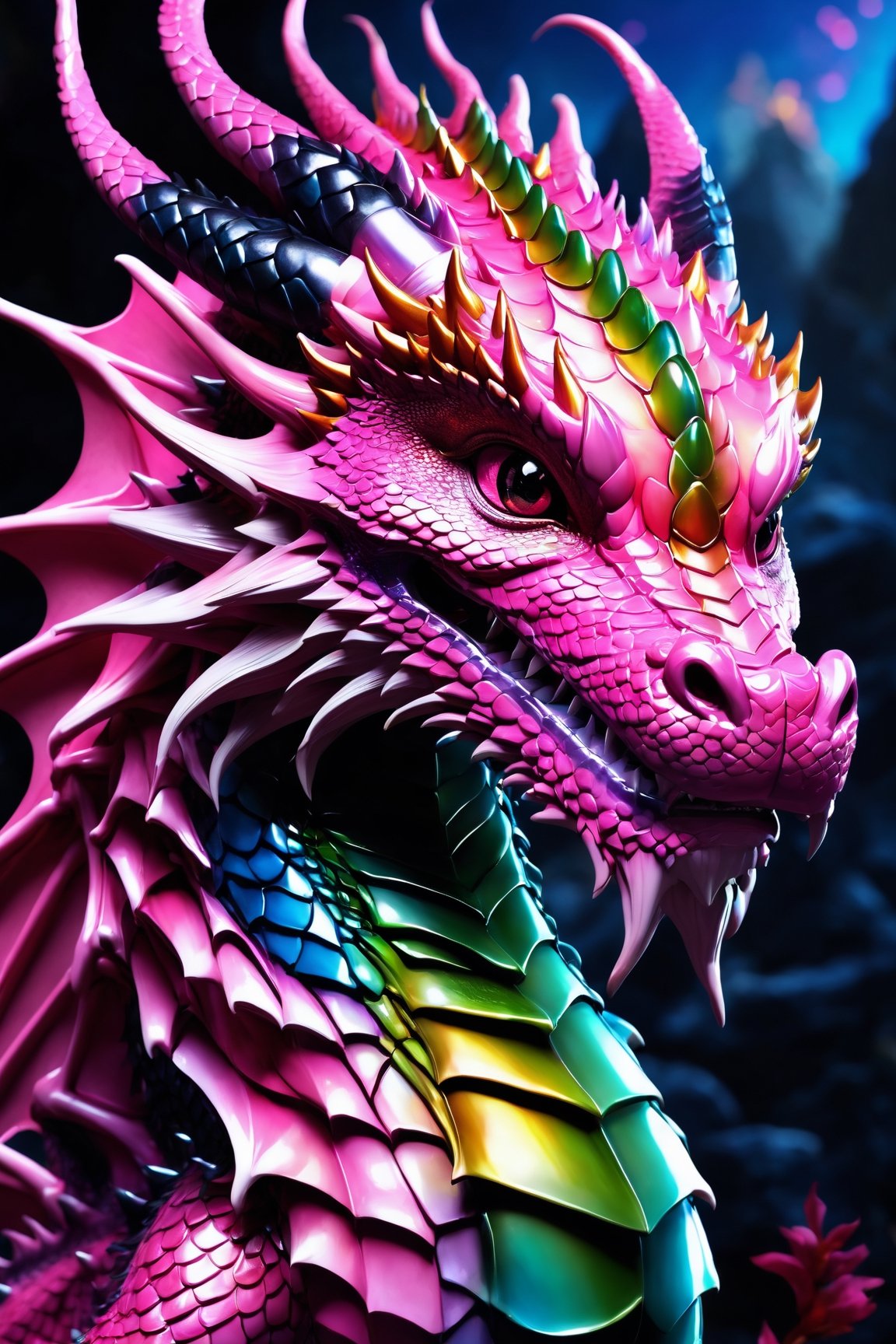 (best quality,8K,highres,masterpiece), ultra-detailed, (super colorful, pink dragon face), featuring the delightful and vibrant visage of a baby dragon. This enchanting dragon, with a cheerful smile, captivates the viewer as it gazes directly into their eyes. The background is a simple yet vivid white, accentuating the dragon's presence. Its expressive eyes, composed of deep black, are surrounded by a dazzling array of shades of pink that adorn its face, creating a mesmerizing and harmonious display of color. The dragon's distinctive features, including its unique head wings, fuse seamlessly into this radiant and fantastical portrayal of a pink dragon's face.