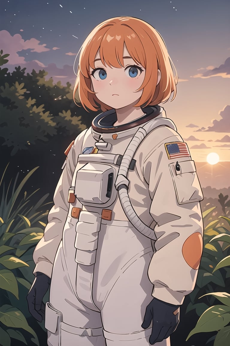 An astronaut in an orange astronaut outfit, standing against a sunset background. The astronaut is positioned front facing and is shown from the waist up. The sunset provides a warm and vibrant color palette. The scene is surrounded by lush plants, adding a touch of nature to the composition. The image quality is top-notch and high-resolution, with ultra-detailed features. The style of the artwork is realistic, with vivid colors and professional craftsmanship. The lighting accentuates the astronaut's figure, creating a captivating atmosphere