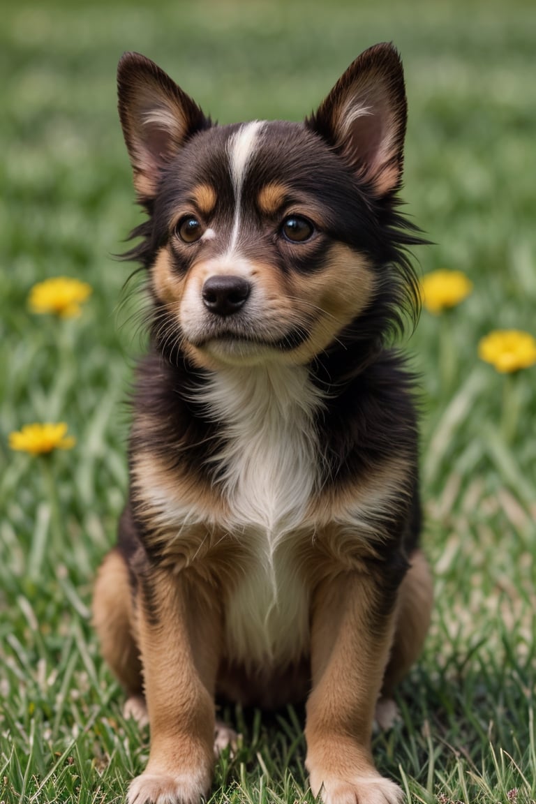 (best quality, 4k, 8k, highres, masterpiece:1.2), ultra-detailed, (realistic, photorealistic, photo-realistic:1.37), dog, pet, adorable, cute, lively, friendly, playful, doggy eyes, fluffy fur, happy expression, small size, curled tail, pointy ears, puppy, paws, snout, puppy breath, chubby cheeks, wagging tail, soft nose, puppy love, warm-hearted, loyal companion, joyful, fun-loving, running in the meadow, grass, beautiful sunny day, family pet, symbol of happiness, portrait style, vivid colors, shades of brown, bokeh lighting.