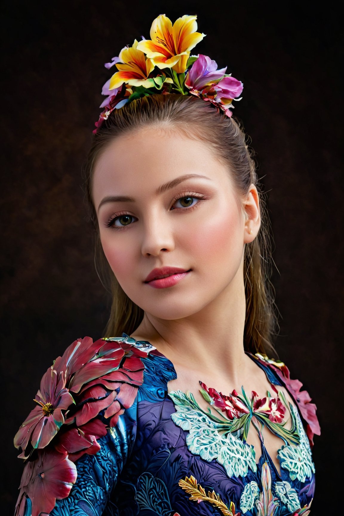 (best quality, realistic, high-resolution), colorful portrait of a woman with flawless anatomy. She is wearing a stunning flower dress that compliments her vibrant personality. Her skin is extremely detailed and realistic, with a natural and lifelike texture. The background is dark, which creates a striking contrast to the colorful flowers adorning her armor. The flowers on her armor represent her strength and beauty. The lighting accentuates the contours of her face, adding depth and dimension to the portrait. The overall composition is masterfully done, showcasing the intricate details and achieving a high level of realism.,Realistic