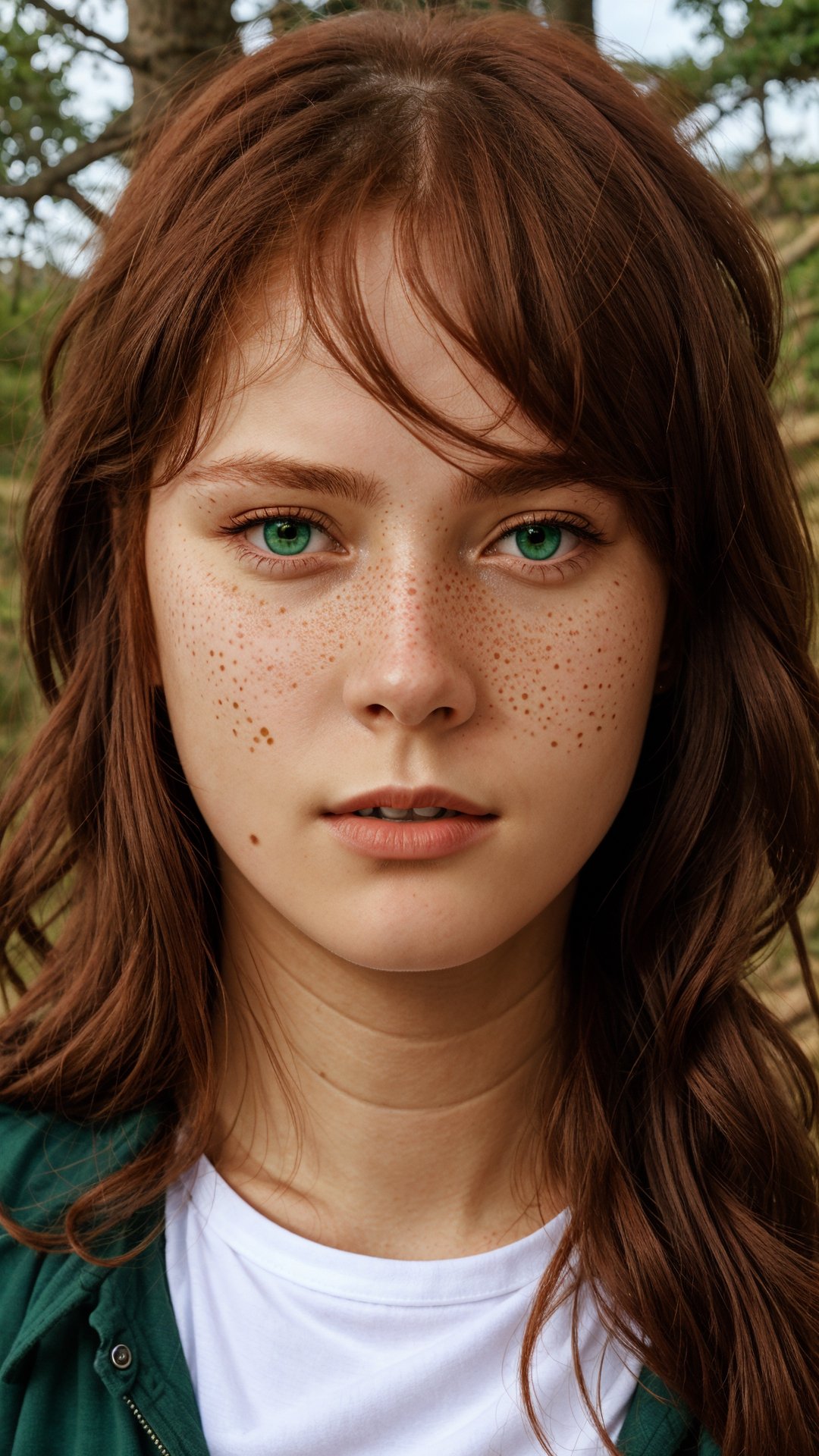 8k, ultrarealstic, woman, redhead, slim, fine facial features, green eyes, freckles, 8-bit